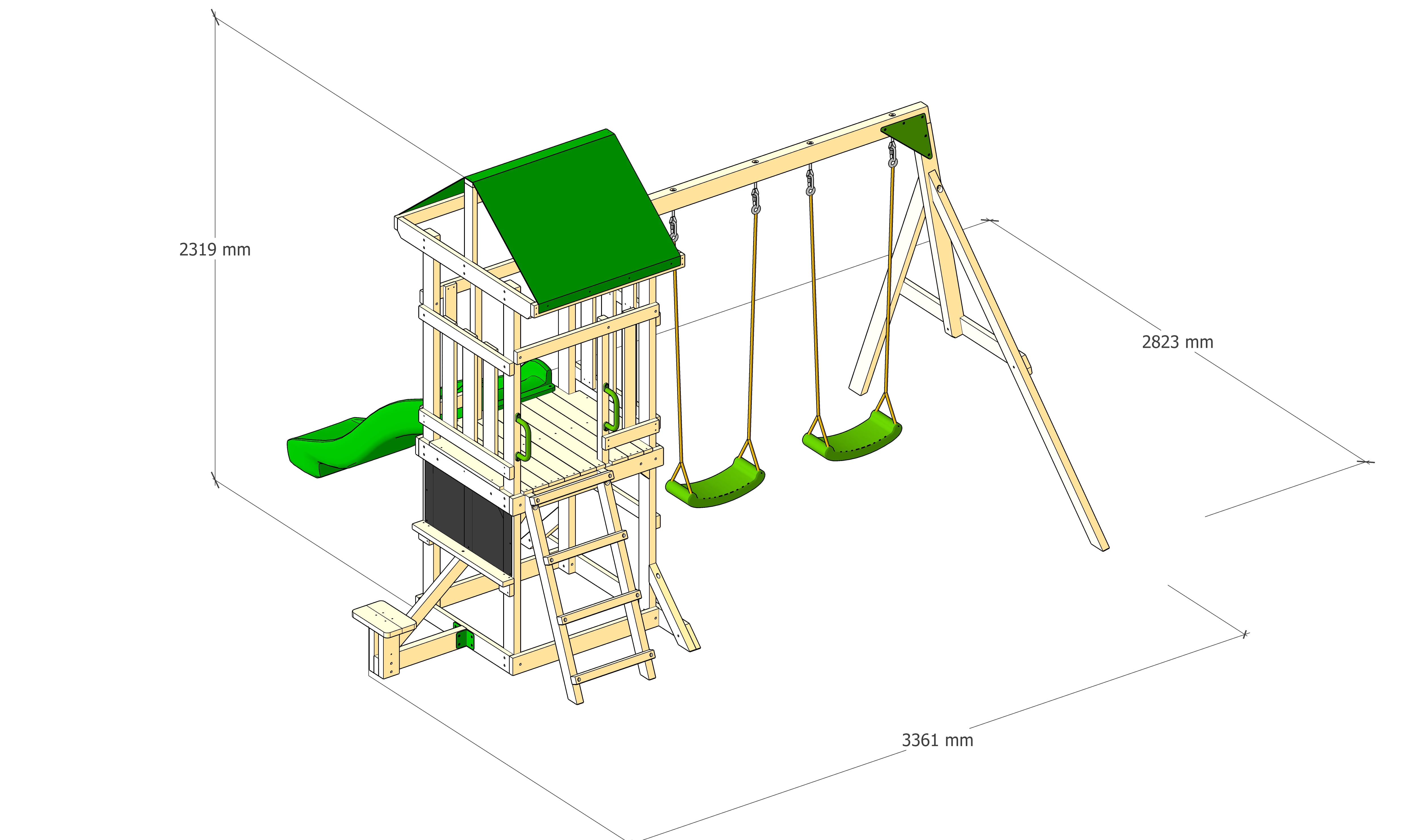 DOLPHIN PLAYGROUND Wooden Outdoor Playset with Dual Swings, Slide, and Playhouse (Natural Wood, 7-Child Capacity) 51qa3