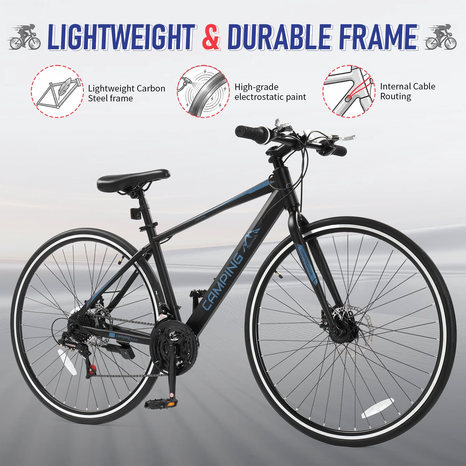 Ktaxon 700C Road Bike, 21-Speed Commuter Bicycle with Dual Disc Brakes, High-Carbon Steel Frame (Black, 700C) 4u80h