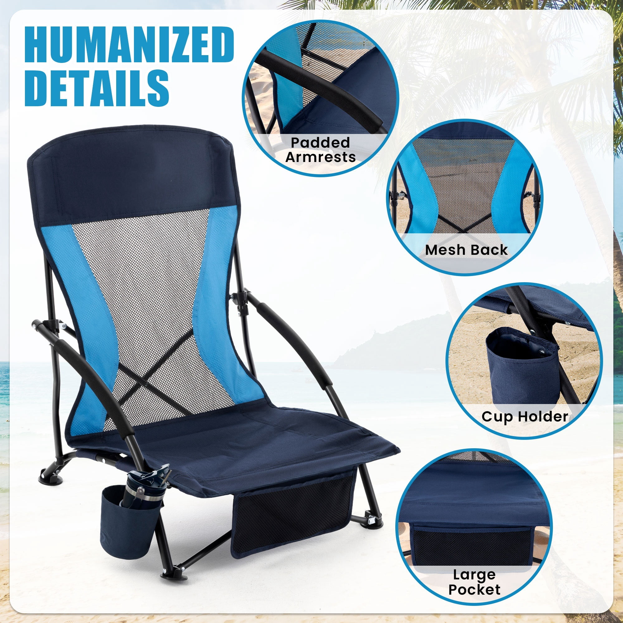 HoneiLife Low Folding Beach Chair, Portable Lightweight Outdoor Lawn Seat with Cup Holder and Carry Bag (Navy Blue, 300 lb Capacity) acpat