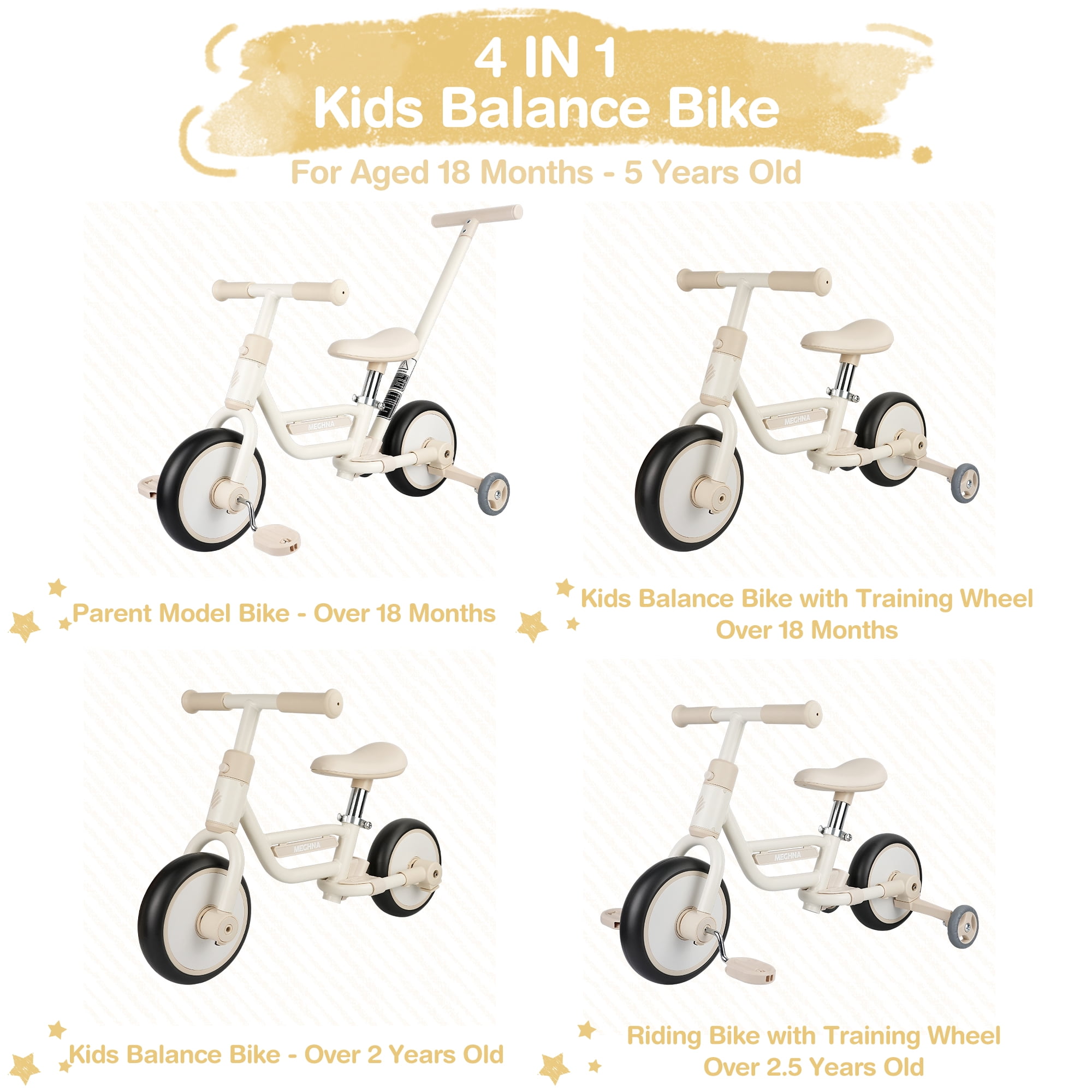 MEGHNA 4-in-1 Toddler Balance Bike with Pushbar and Detachable Training Wheels (White) 9g9z8