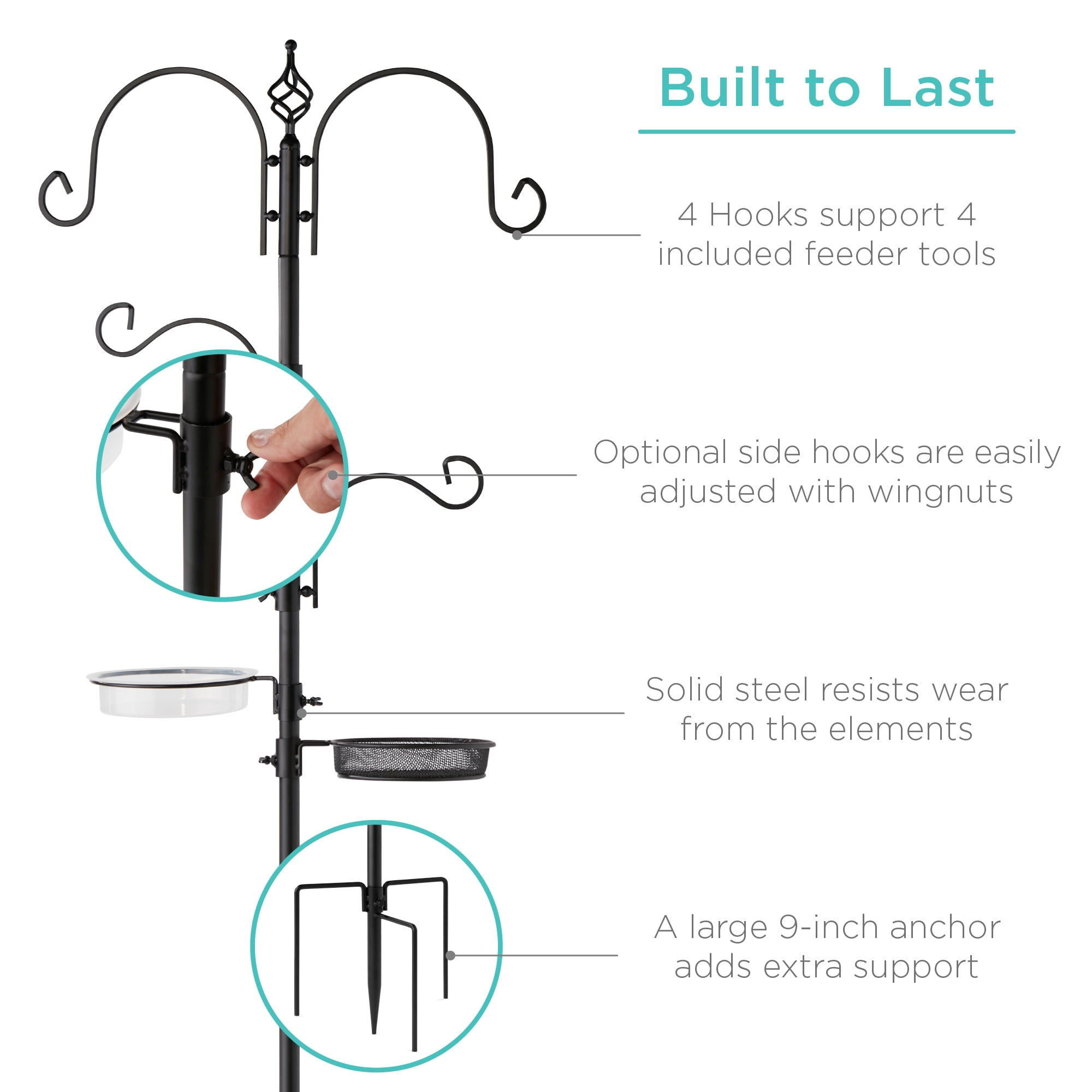 Best Choice Products 91 in Bird Feeding Station with 4 Hooks, Steel Multi-Feeder Stand, Bird Bath, and Tray (Black, 91 in) euwwb