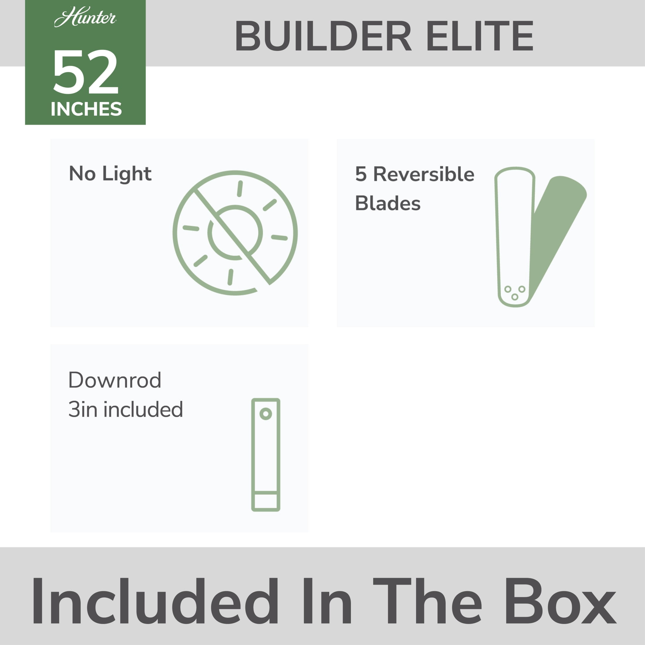 Hunter Builder Elite Indoor Ceiling Fan, 5-Blade Quiet Motor, Pull Chain Control (Brushed Nickel, 52 in) s0h1a