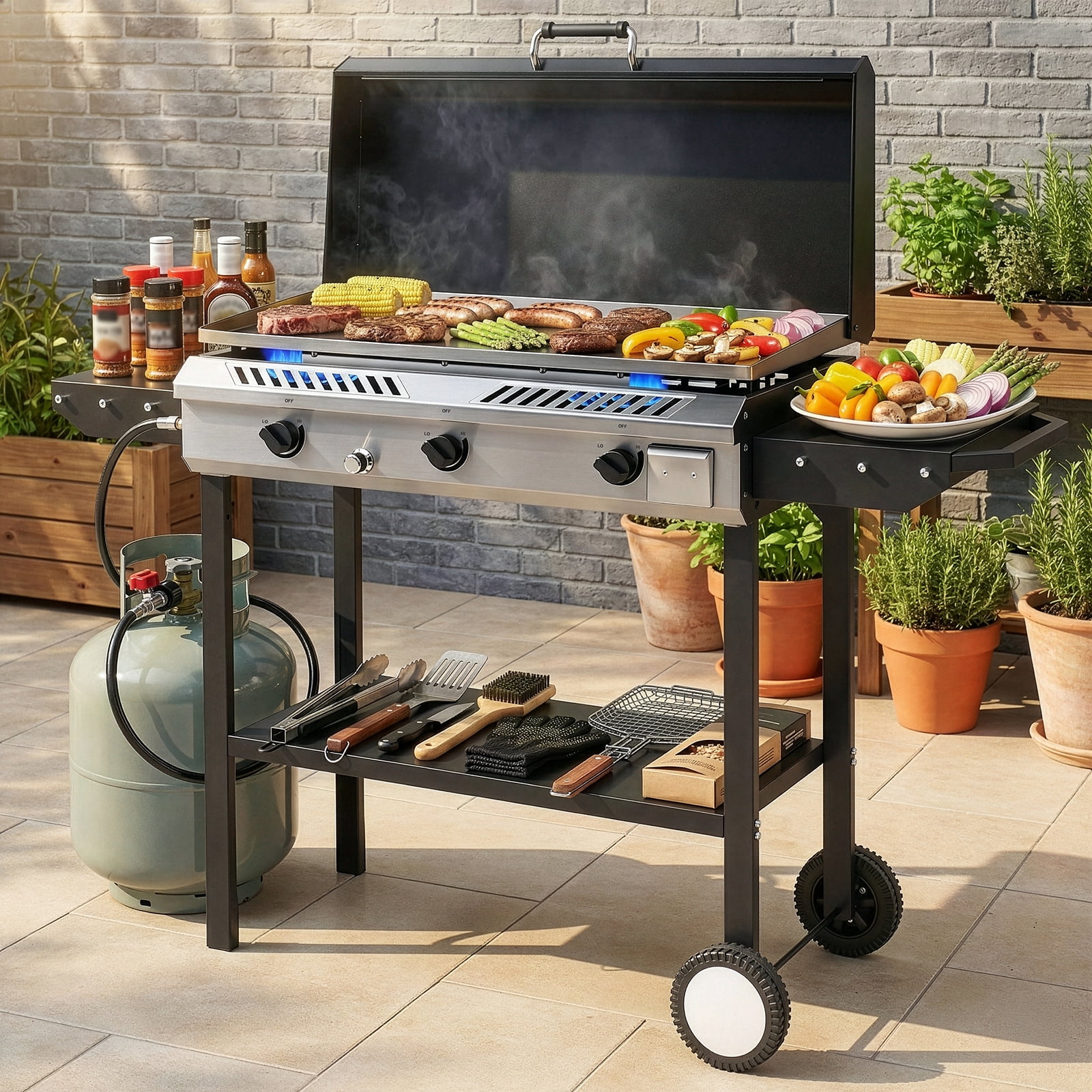 Zintown 3-Burner Outdoor Propane Gas Griddle with Portable Pan and Lid (Black, 58 in x 16.5 in x 51.5 in) r2sfz