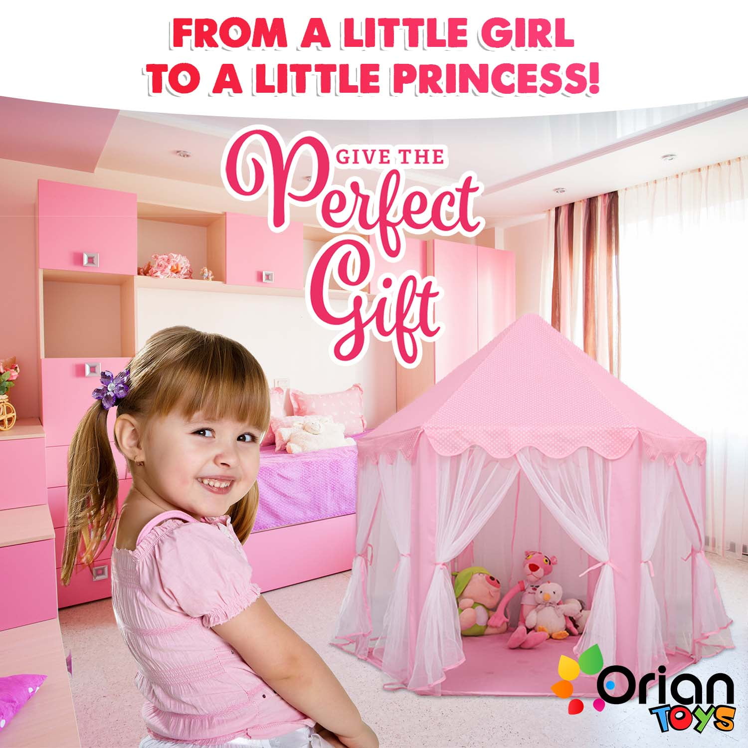 ORIAN TOYS Princess Castle Playhouse Tent with LED Star Lights, Indoor & Outdoor Kids Play Tent (Pink, 55 in x 53 in) qufwh