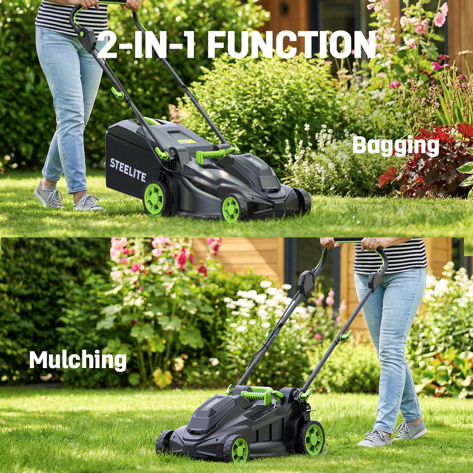 Steelite 17 in Cordless Electric Lawn Mower, Brushless Motor Walk-Behind Push Mower with 2-in-1 Mulching and Bagging (Green, 17 in) zhlpb