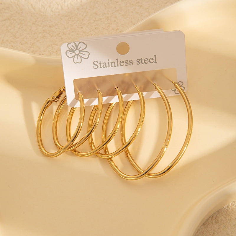 Nonsucheer Gold Stainless Steel Ellipse Hoop Earrings Set (3 Pairs, 0.79 in - 1.57 in) j8hue
