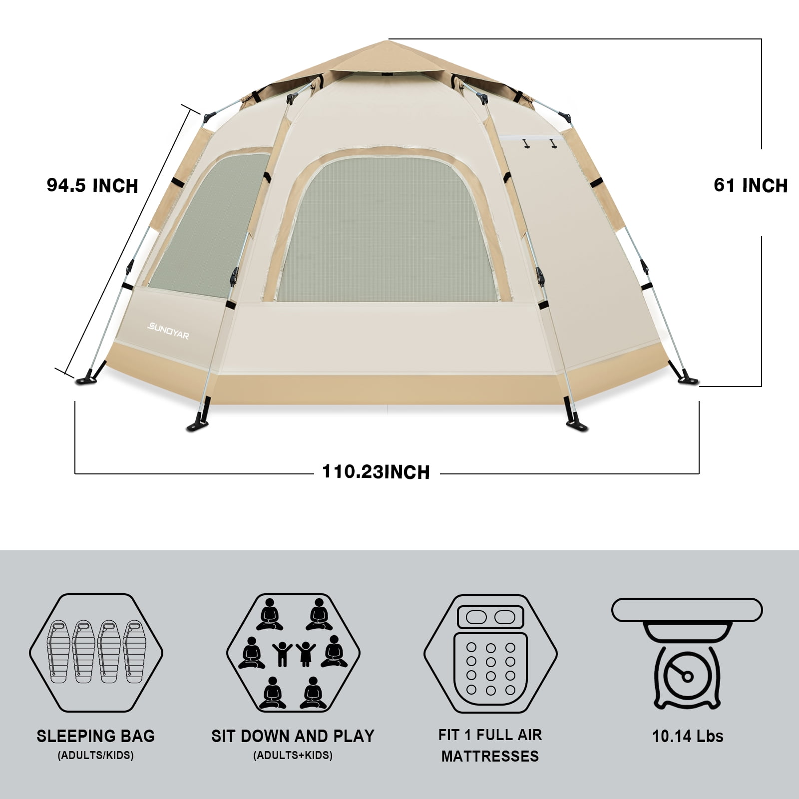 Sunoyar 4-6 Person Camping Tent, Waterproof Instant Outdoor Shelter with Carry Bag (Beige, 110 in x 94 in) vhm4f