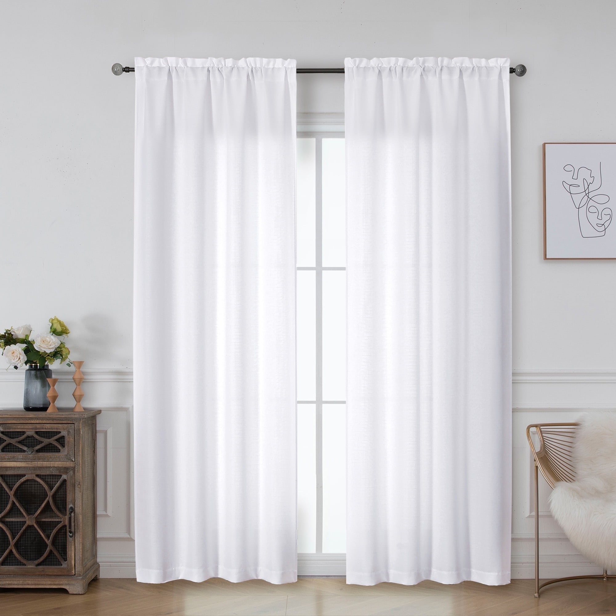 OVZME Faux Linen Light Filtering Curtains, Farmhouse Textured Window Drapes for Living Room and Bedroom (White, 40 in x 84 in, 2 Panels Set) qassw