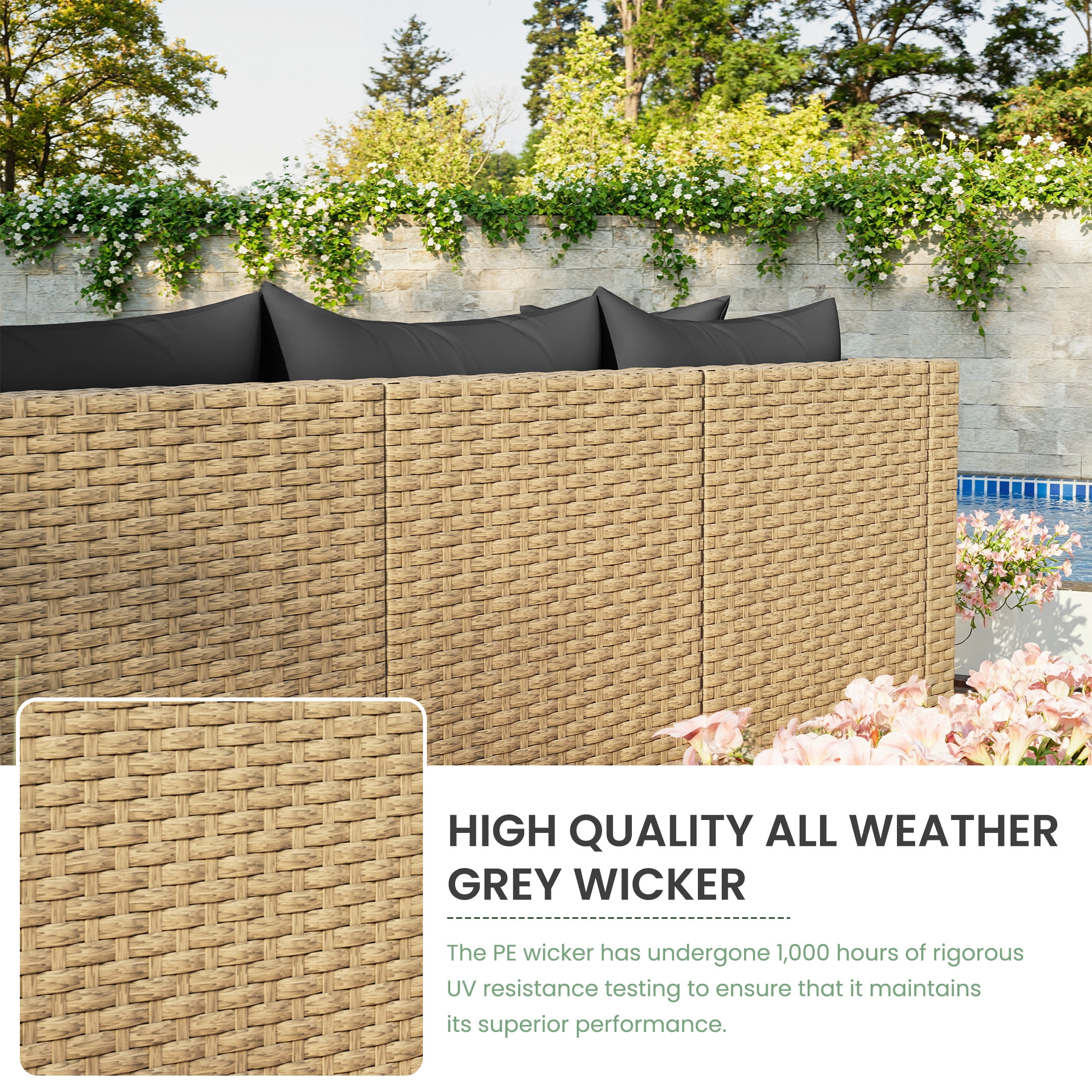 POTEBAN 7-Piece Outdoor Sectional Wicker Patio Conversation Set (Black Cushions, Gray Rattan) 32r6m