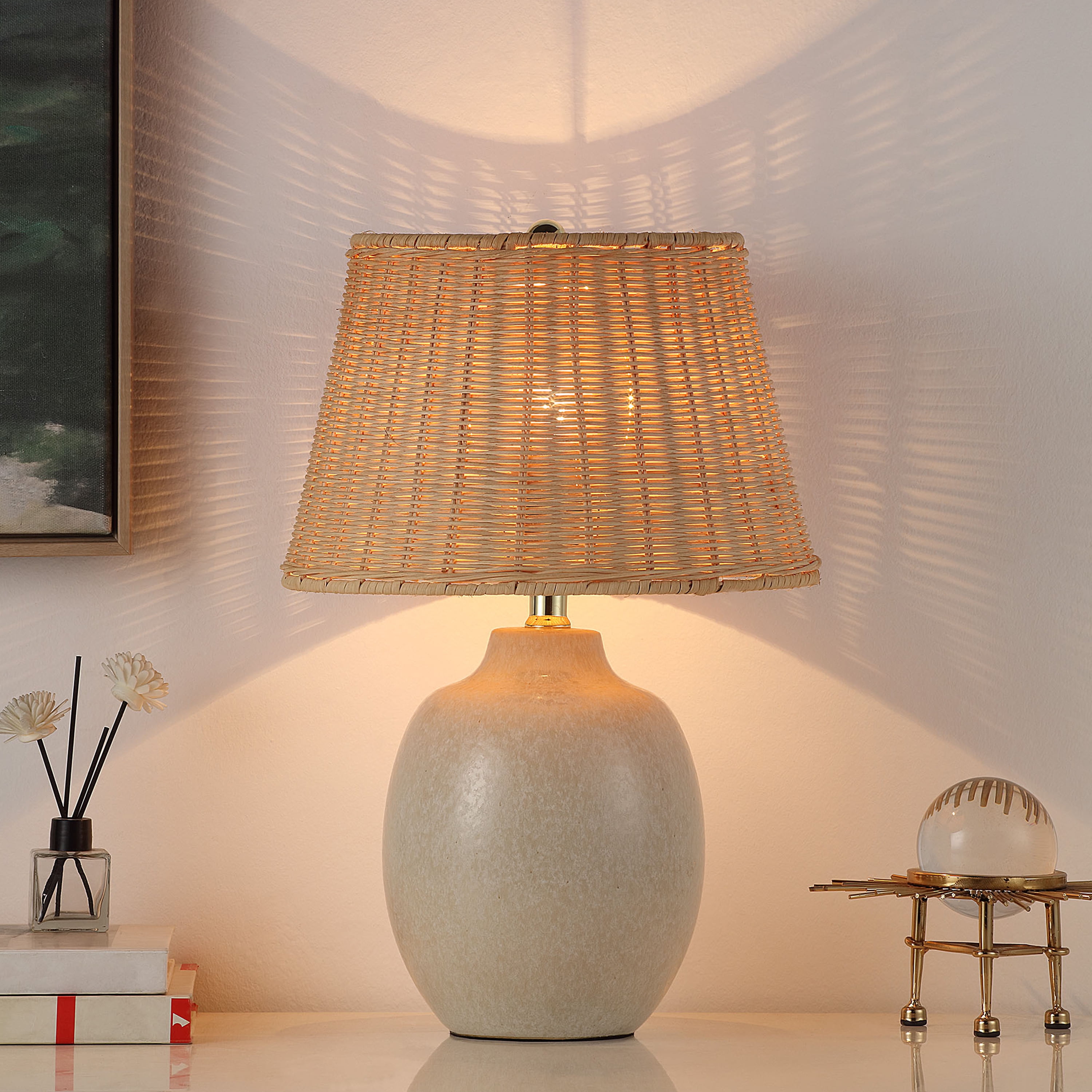 Better Homes & Gardens Ceramic Table Lamp with Natural Rattan Shade (Cream, 18 in) i5kof