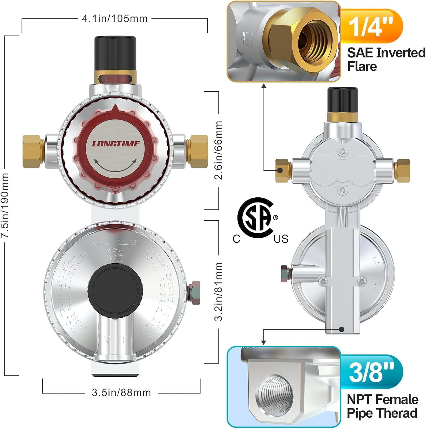 Aokur Automatic 2-Stage LP Propane Gas Regulator Kit with Dual 18 in Stainless Braided Pigtail Hoses and Gauge (1/4 in Inverted Male Flare) opmuu