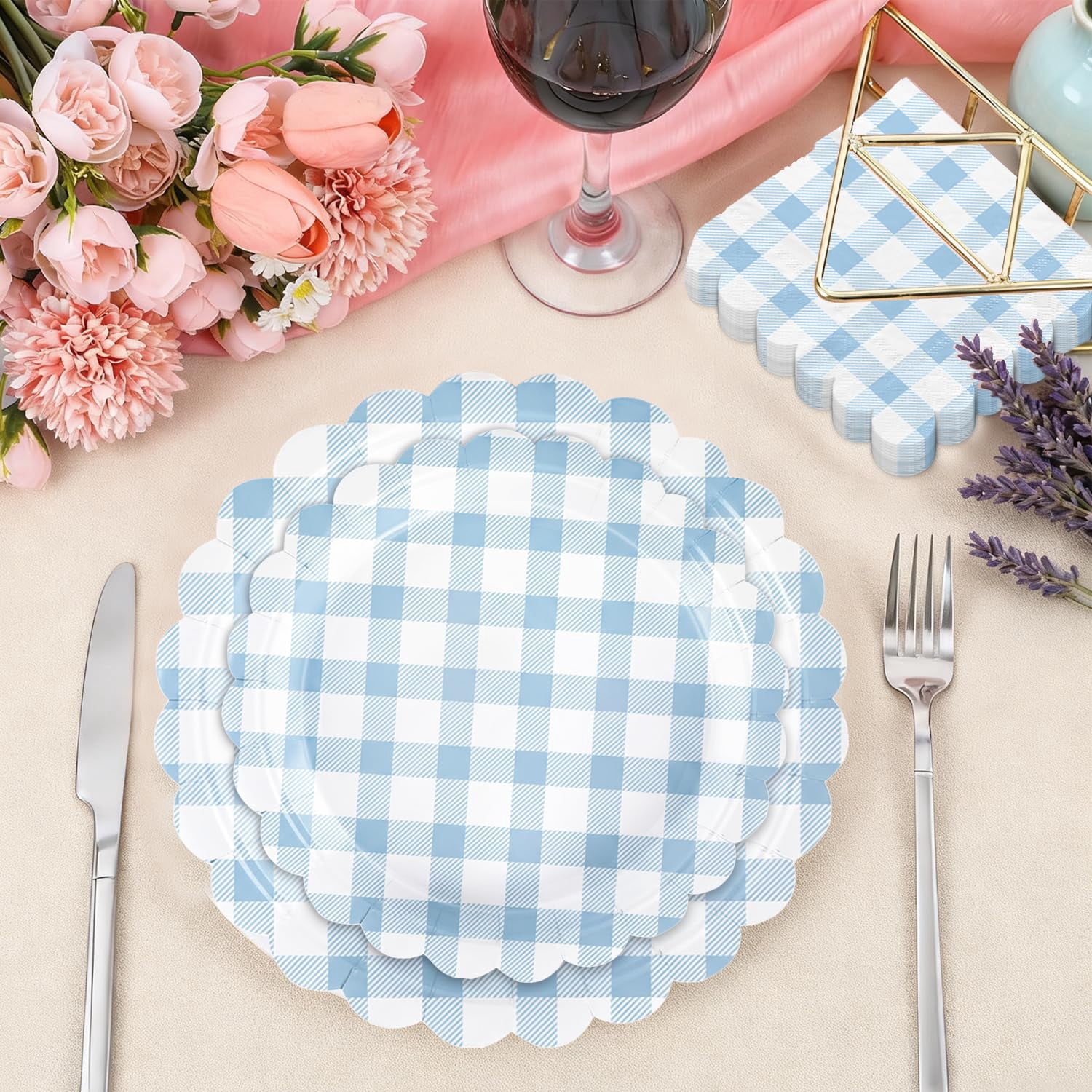 Gingham Party Supplies Disposable Scalloped Plate and Napkin Set (Light Pink, 100 Piece) dpszd