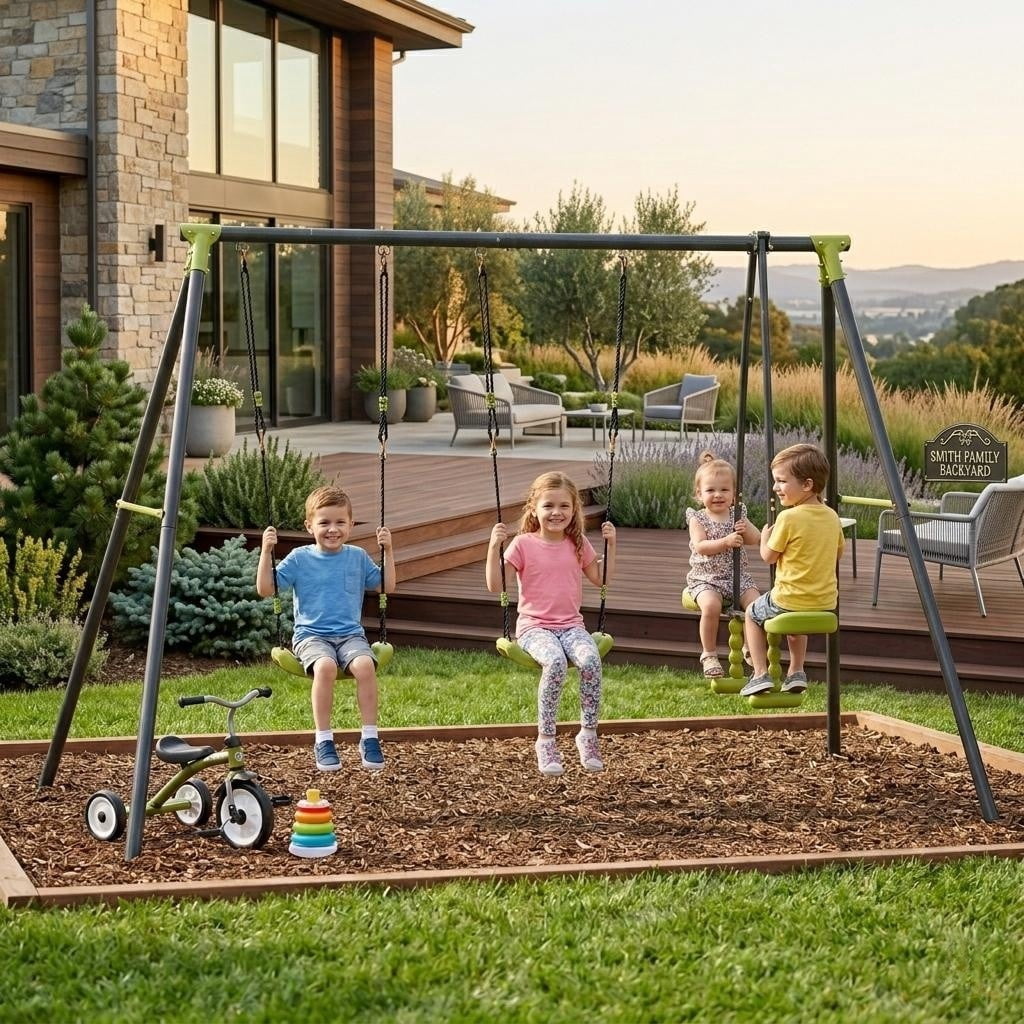 Segmart Heavy Duty Outdoor Metal Swing Set for Backyard with 2 Belt Swings and Glider (Green) f1rob