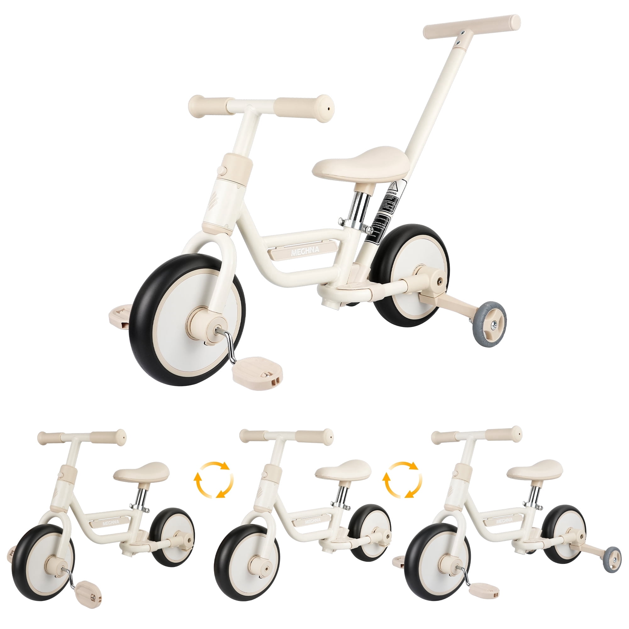 MEGHNA 4-in-1 Toddler Balance Bike with Pushbar and Detachable Training Wheels (White) 9g9z8