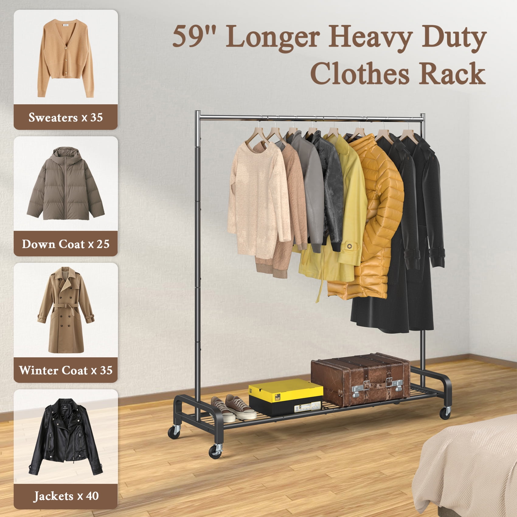 Mr IRONSTONE Heavy Duty Rolling Clothes Rack with Shelves, Portable Garment Organizer (Black, 400 lb) 47hdr
