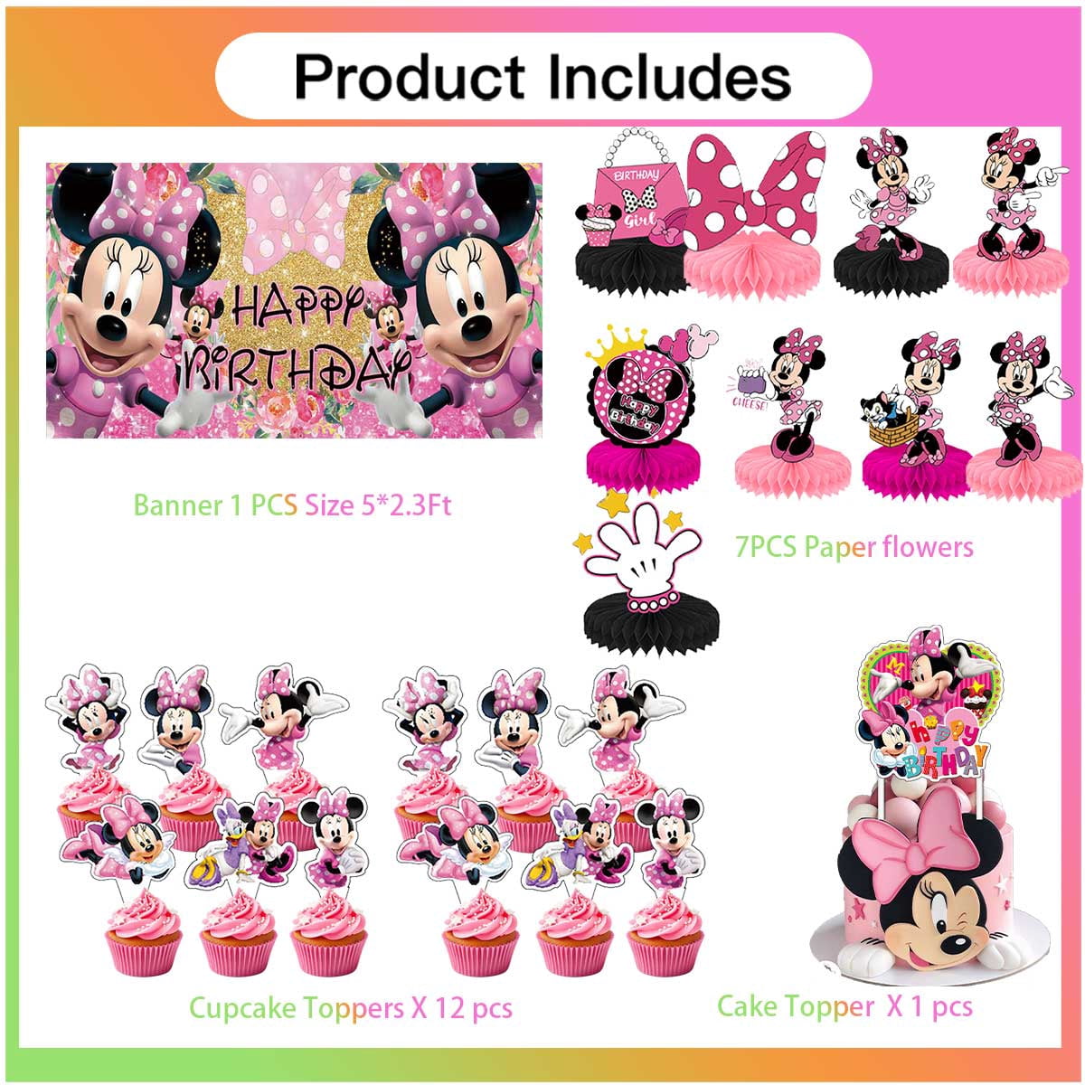 LINLUUAS Minnie Mouse Birthday Party Decoration Set with Honeycomb Centerpieces and Backdrop (21 Piece Set) f33gy
