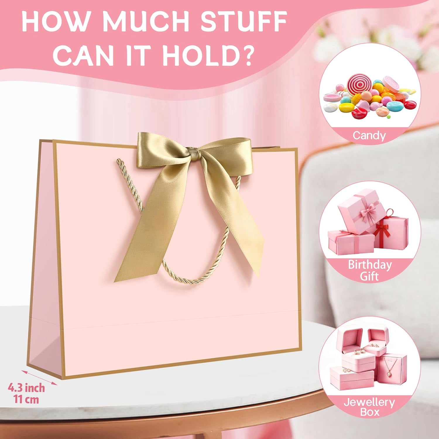 AUCLAY Large Gift Bags with Handles, Tissue Paper and Greeting Cards (Pink with Gold Trim, 3 Pack, 12.6 in) ylzpf