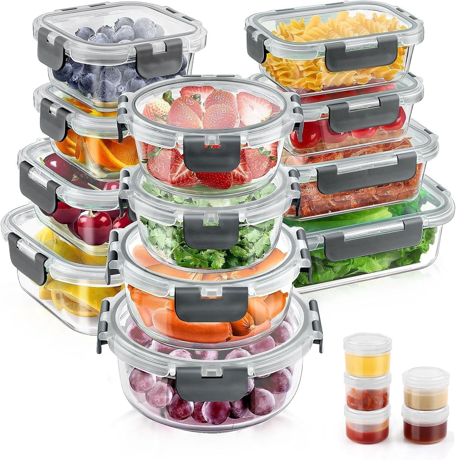Taimasi Glass Food Storage Containers Set, Airtight Meal Prep Containers with Locking Lids (34 Piece Set, Grey) f3pkm