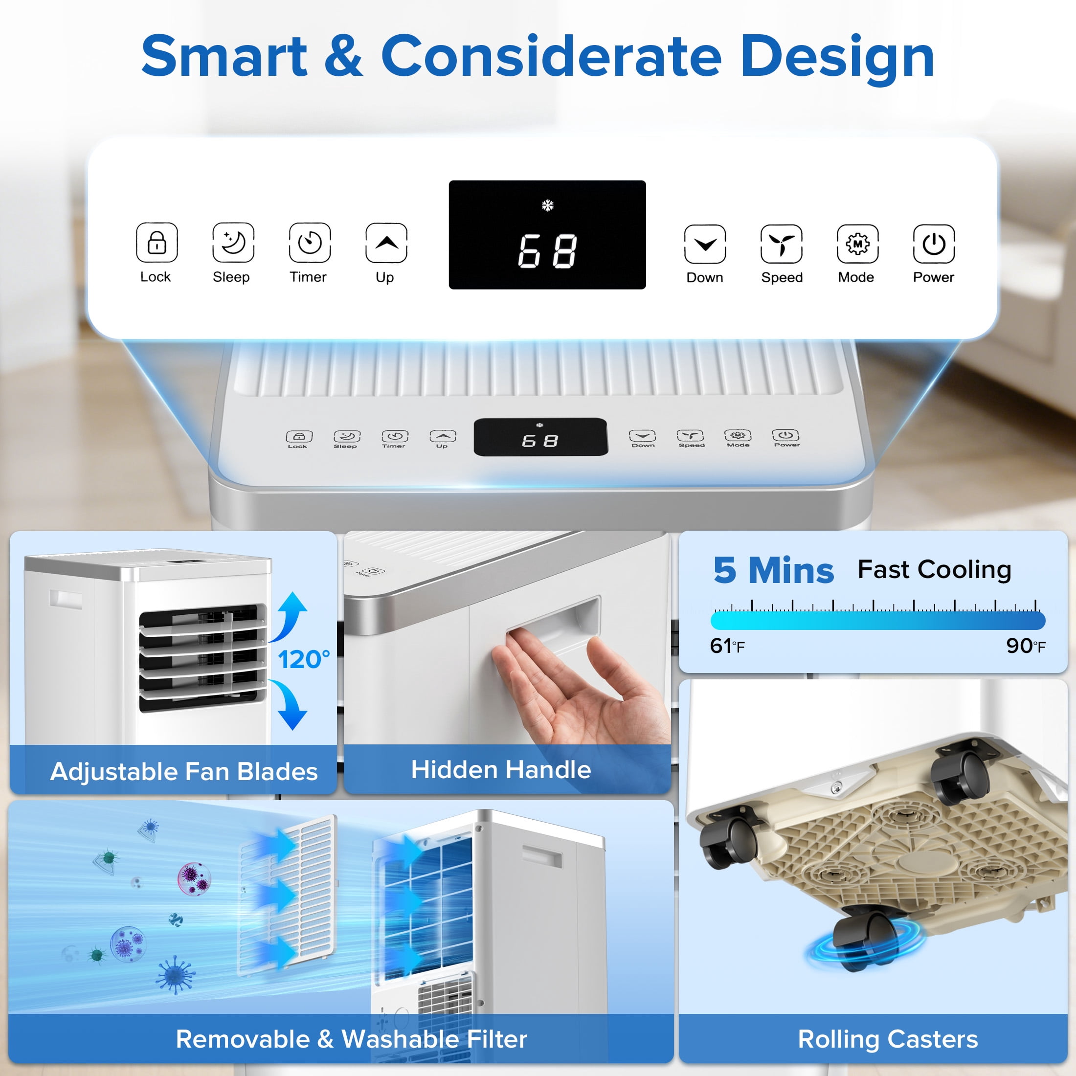 KissAir Portable Air Conditioner, 4-in-1 Quiet Cooling Unit with Dehumidifier, Fan, and Sleep Mode (8,000 BTU, 350 Sq. Ft) 6cagl