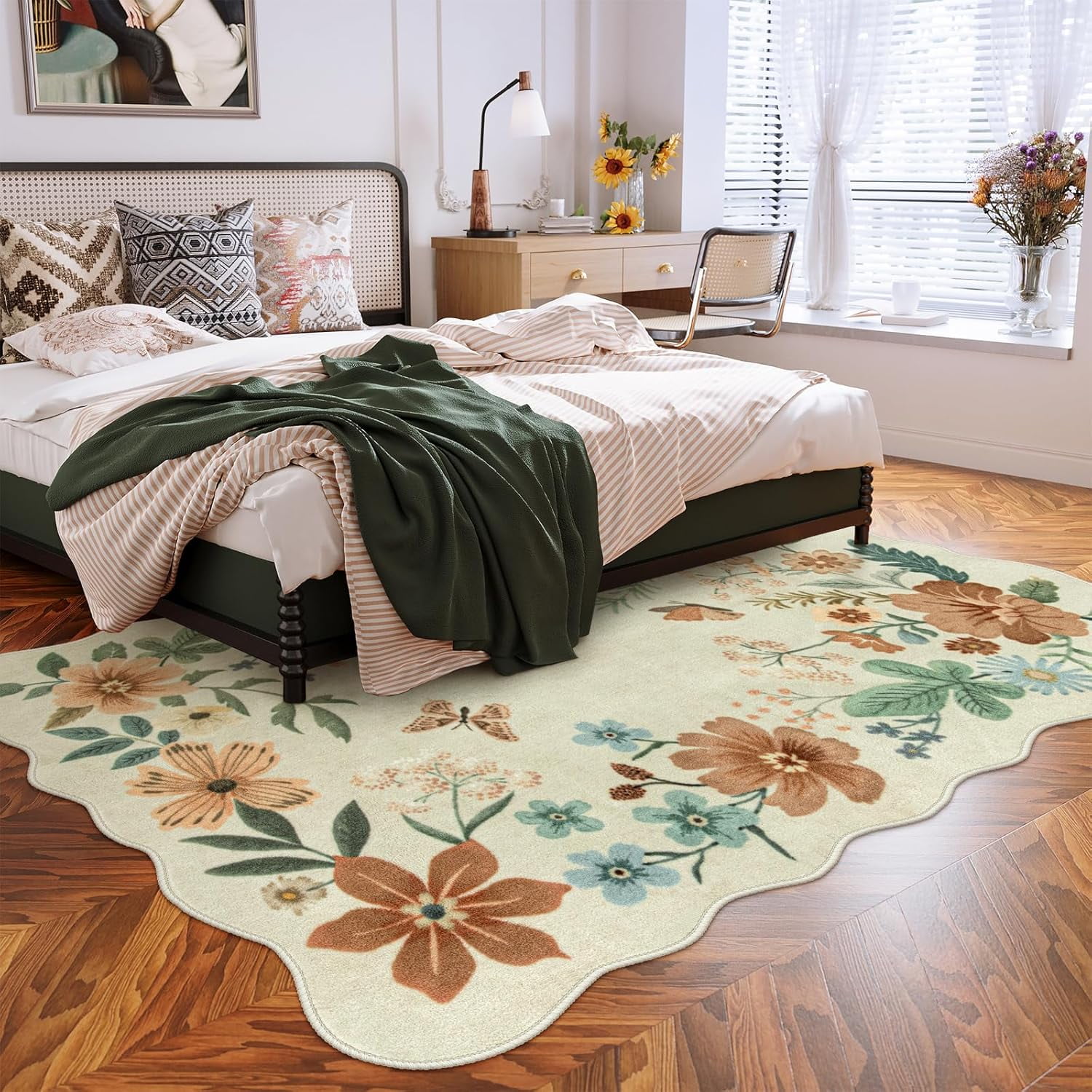 Moynesa Floral Area Rug, Non-Slip Washable Boho Rug for Living Room and Bedroom (Beige, 5 ft x 7 ft) ekrfw
