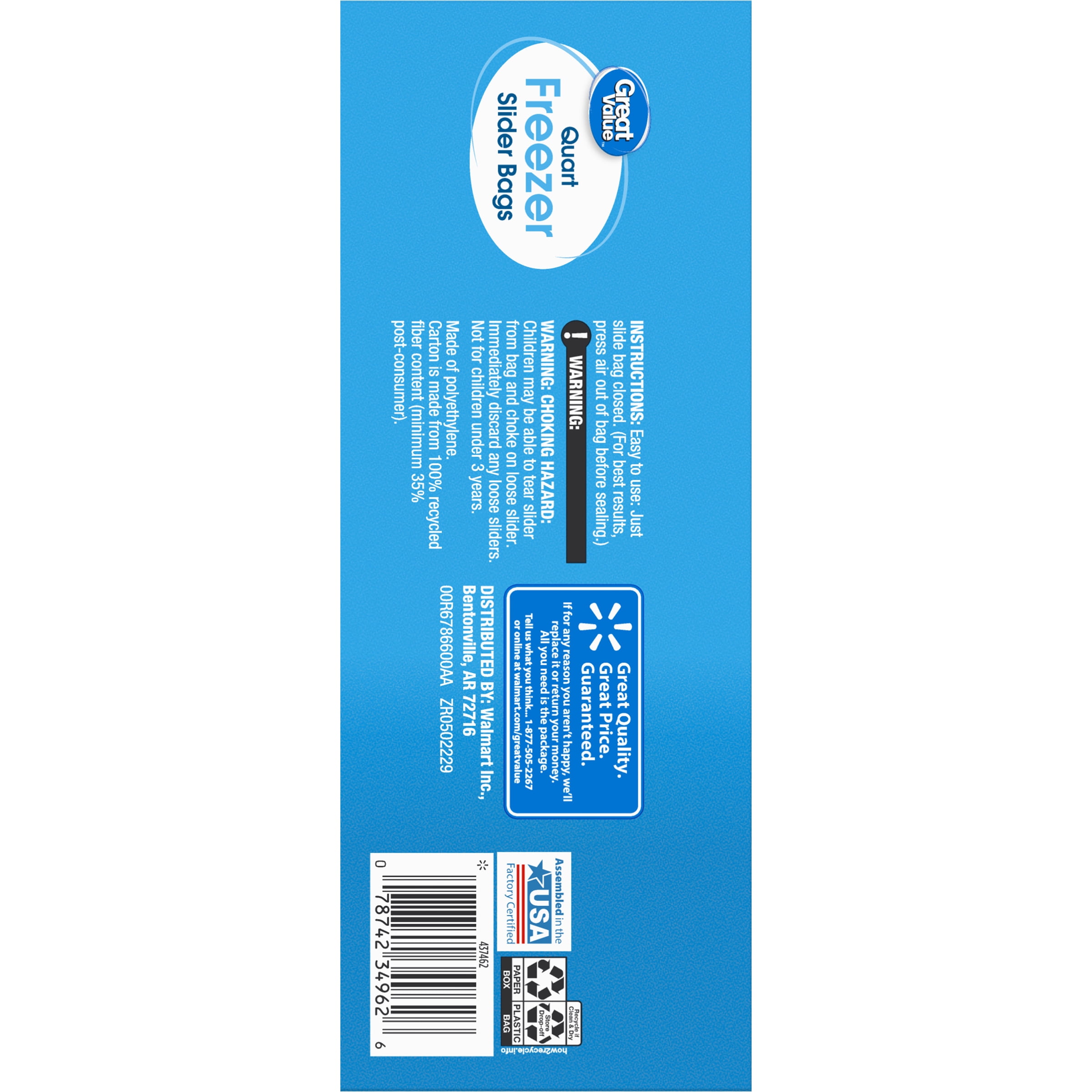 Great Value Freezer Guard Slider Zipper Bags, Quart Size, Food Storage (Clear, 300 Count) 0orp3