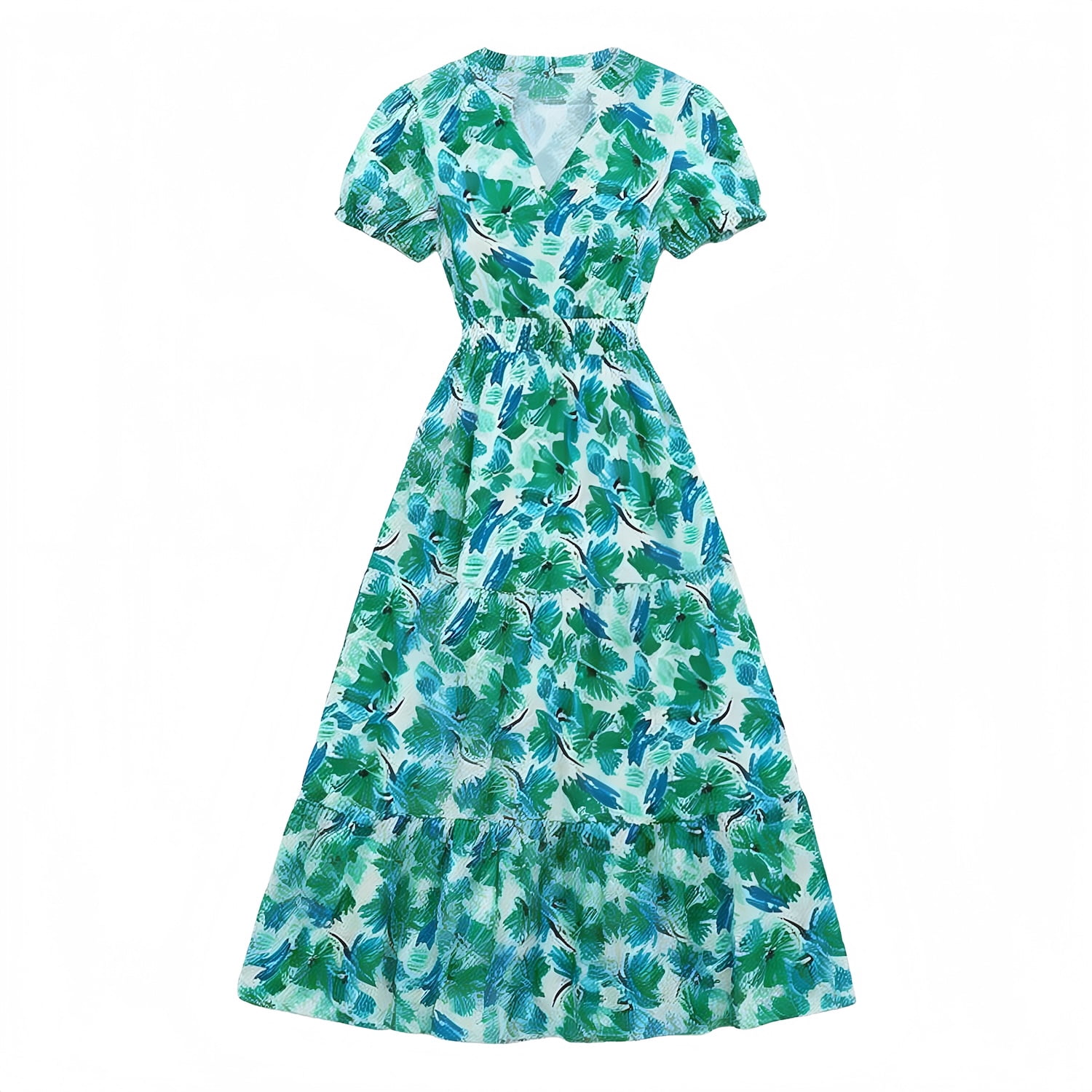 PRETTYGARDEN Women's Floral Maxi Dress V Neck Puff Sleeve Smocked Ruffle Flowy Boho Beach Dress (Green, XL) x0nsf