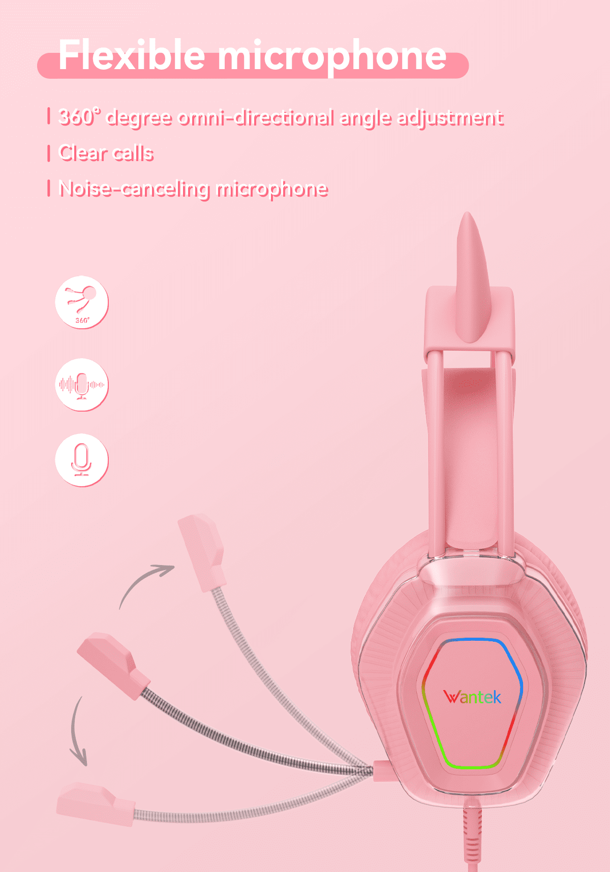 Wantek V10 Cat Ear Gaming Headset with RGB Lighting and Noise-Canceling Microphone (Pink, 7.17 ft) bt2cw
