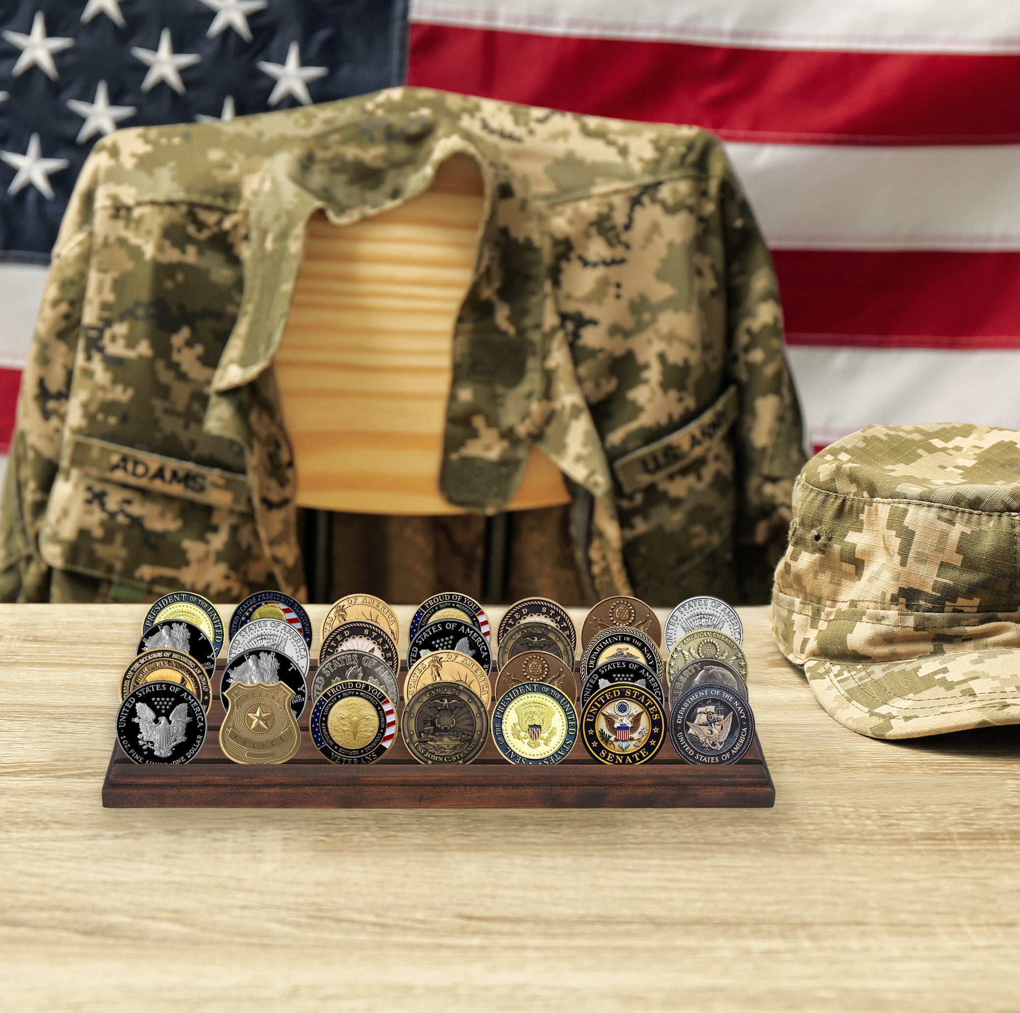 Americanflat Challenge Coin Display Stand for Military Collectibles (Walnut, 12 in x 4 in) uhm5p