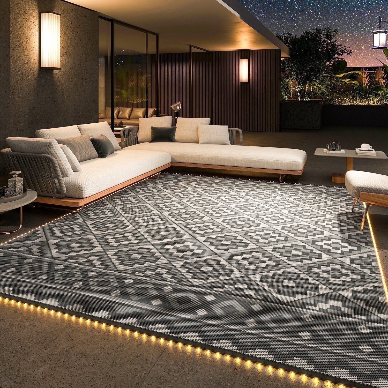 SIXHOME Outdoor Rug with LED Strip Light, Waterproof Reversible Patio Mat for RV Camping and Deck (Light Gray, 9 ft x 12 ft) 904jr