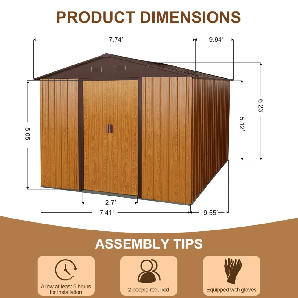 Broadfashion Steel Outdoor Storage Shed, Waterproof Garden Tool Shed with Lockable Sliding Door (8 ft x 10 ft) 4gkaa