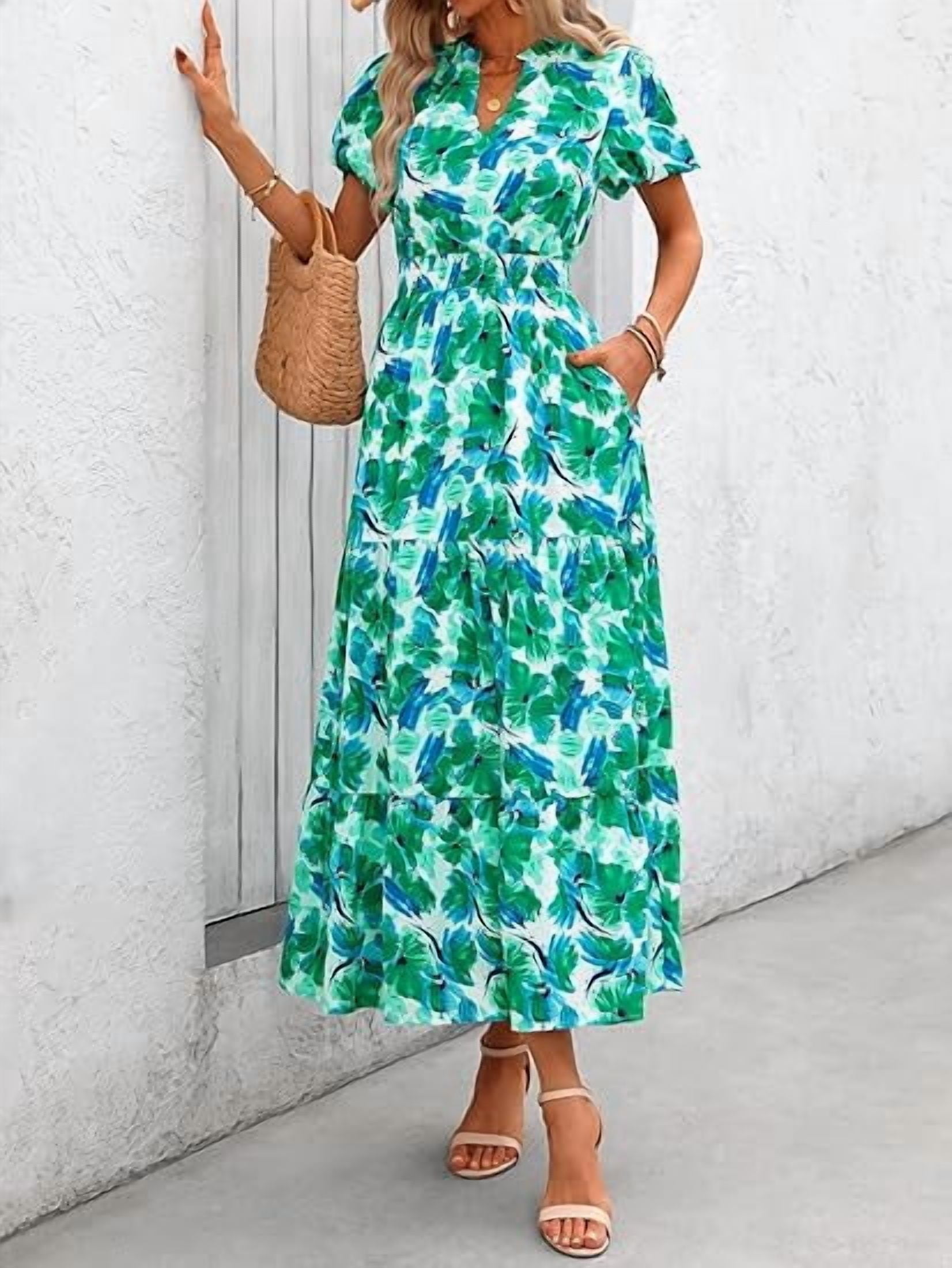 PRETTYGARDEN Women's Floral Maxi Dress V Neck Puff Sleeve Smocked Ruffle Flowy Boho Beach Dress (Green, XL) x0nsf