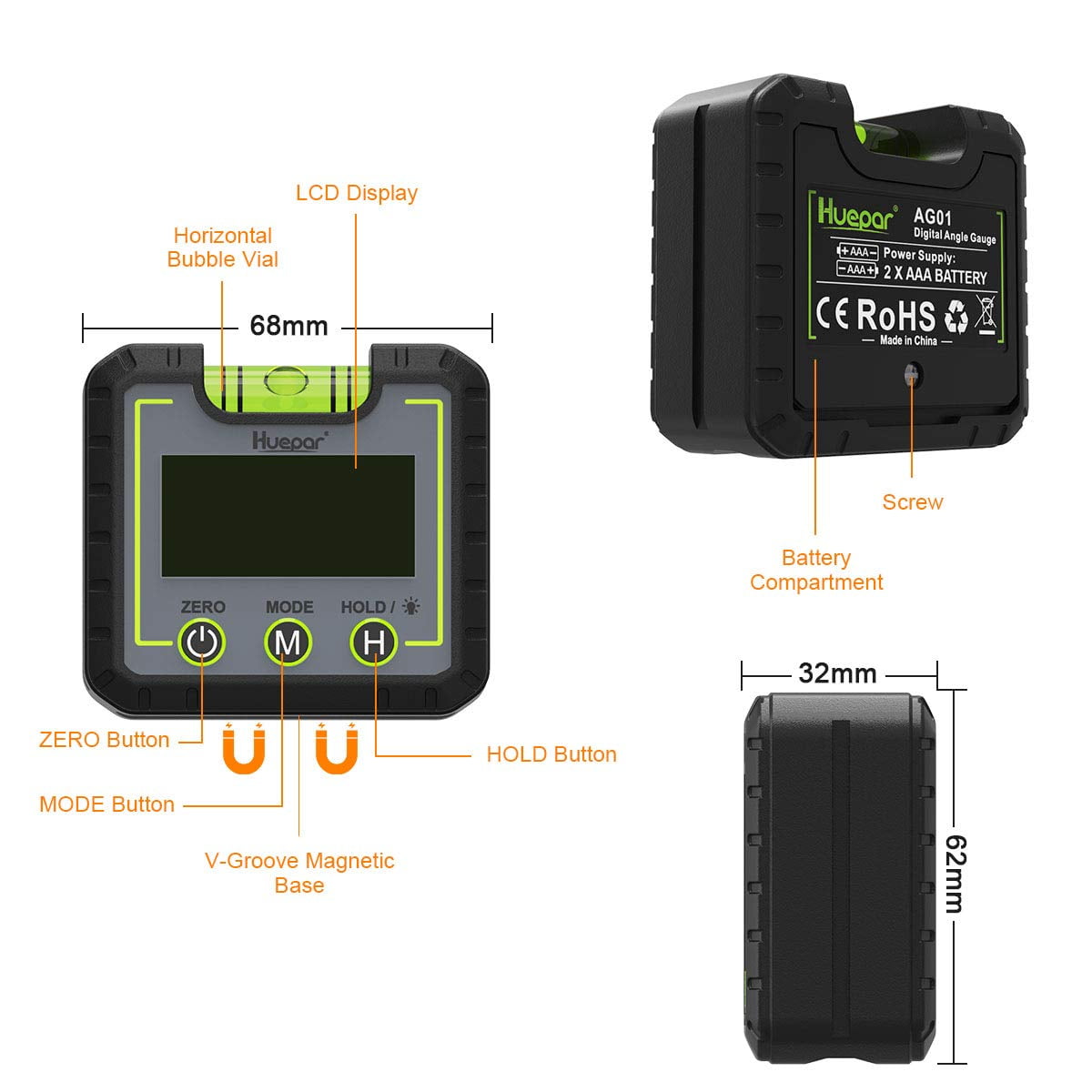 Huepar Digital Level Angle Gauge Mini Inclinometer with Backlight LCD (Green, 2.68 x 2.44 x 1.26 in) hhw0d