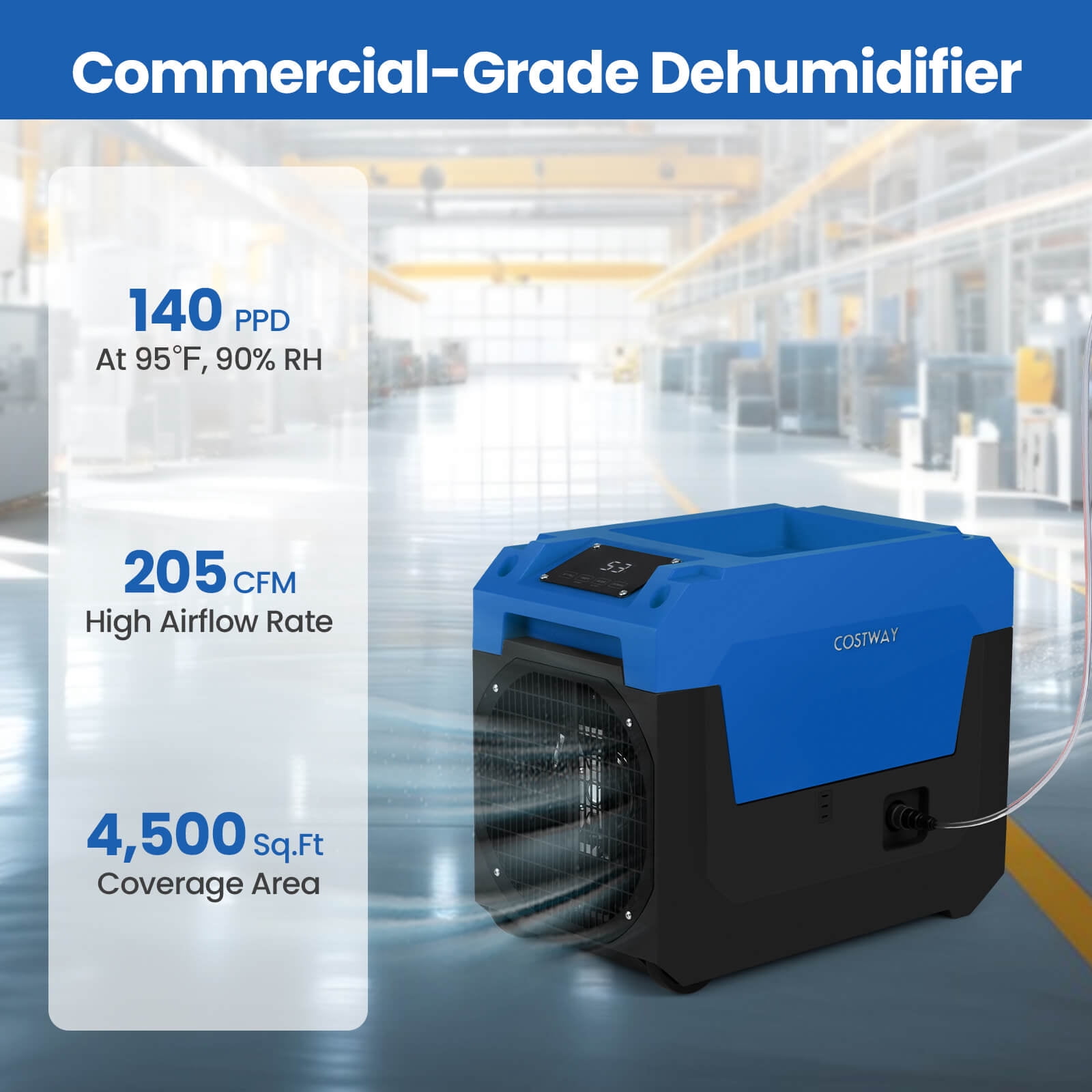 Costway Commercial Dehumidifier with Built-in Pump and Drain Hose for Basements and Job Sites (Blue, 50-Pint) 2k0bp