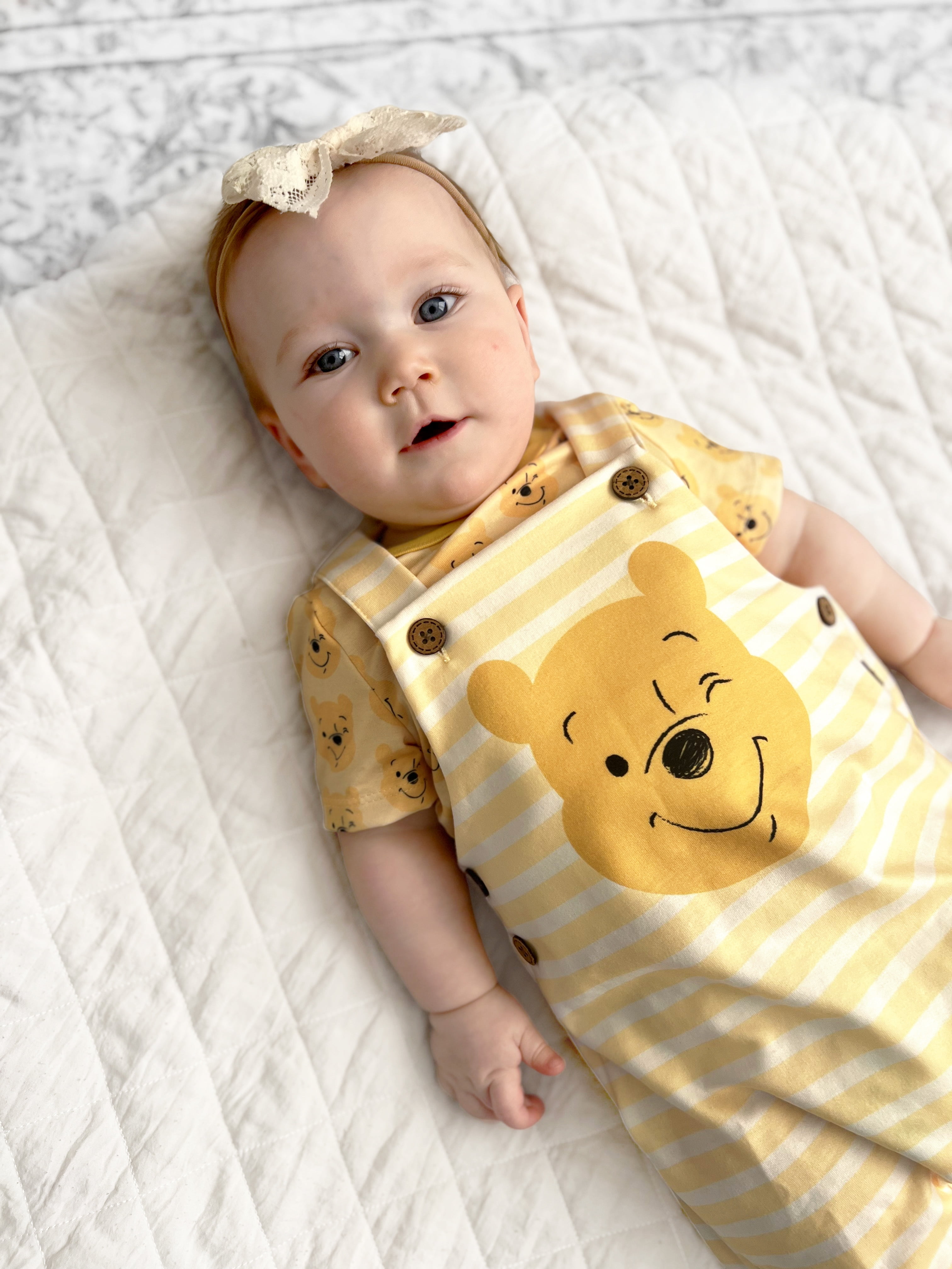 Disney Winnie the Pooh Baby 2-Piece Graphic Tee and Striped Overall Set (Yellow, 0-3 Months) fc9vu