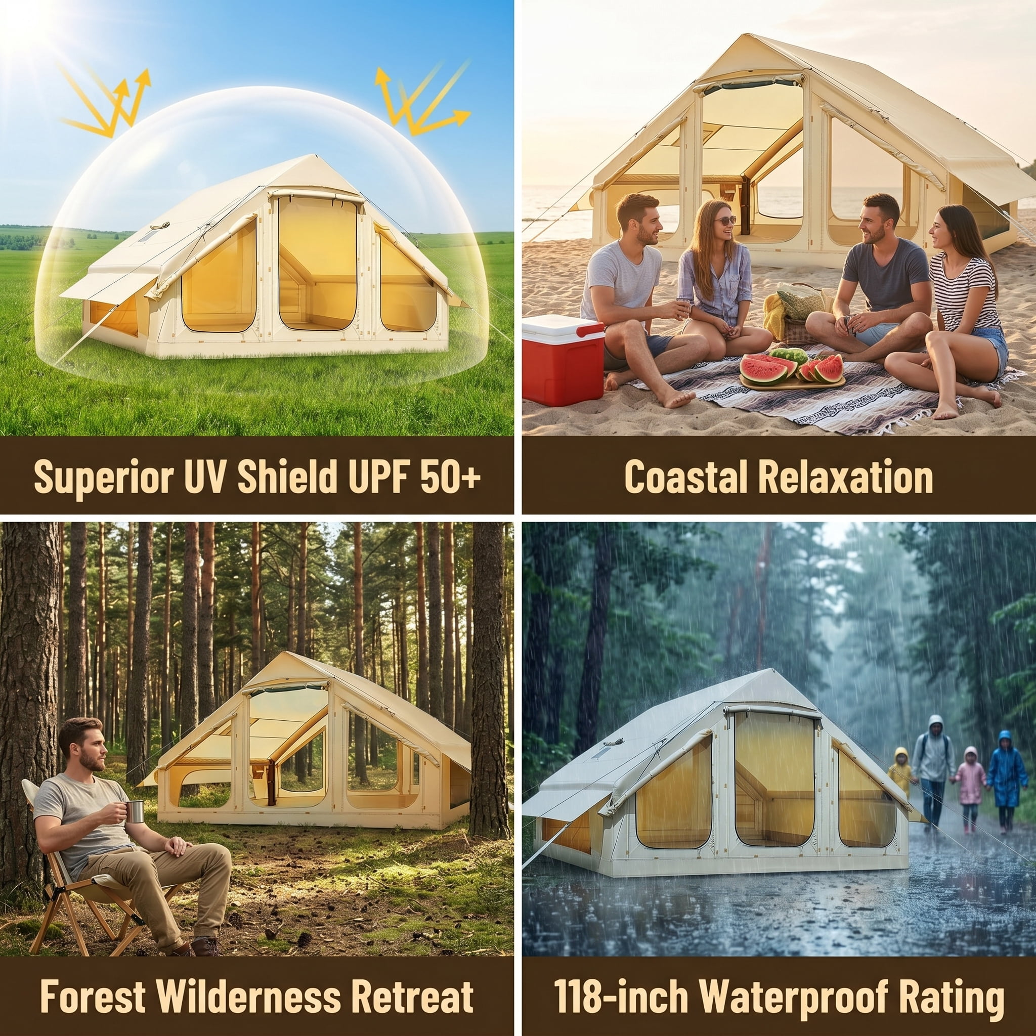 Lilypelle Inflatable Camping Tent with Stove Jack, Waterproof 4-6 Person Glamping House (Beige, 9.8 ft x 6.9 ft x 6.4 ft) i913e