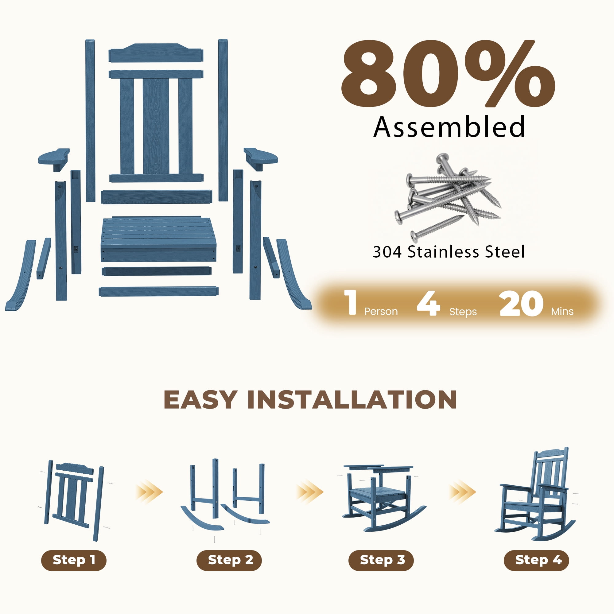 SERWALL Oversized Outdoor Rocking Chair, All-Weather HDPE Patio Rocker for Porch and Garden (Navy, 35 in D x 26.9 in W x 41.3 in H) b1i70