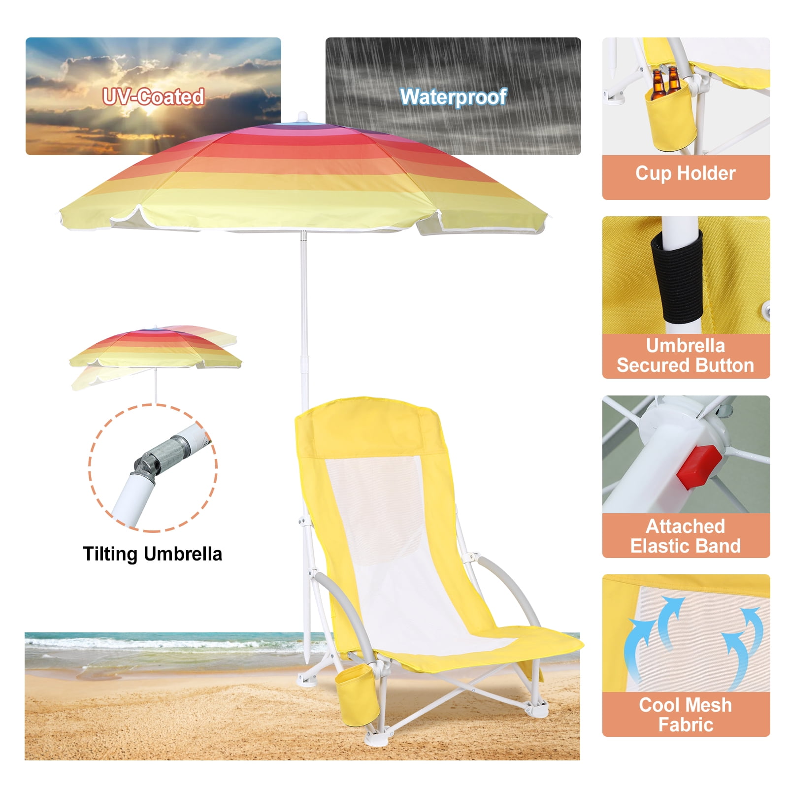 MUKE High Back Beach Chair with Cooler and Umbrella, Heavy Duty Folding Camping Chair for Outdoor Travel (Yellow, 1 Pack) fyqji