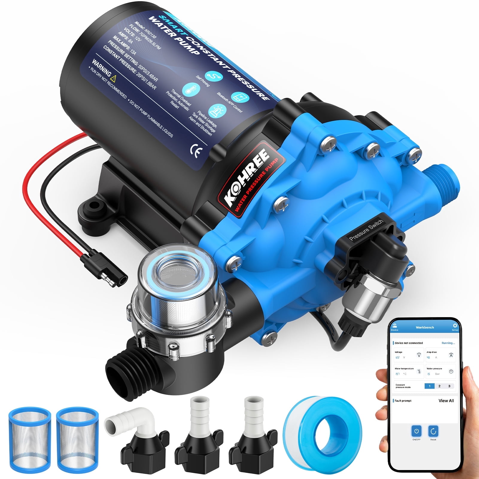 Kohree 12V DC Smart Water Pump with APP Control (7 GPM, 50 PSI, 10 ft Self-Priming) w32ga
