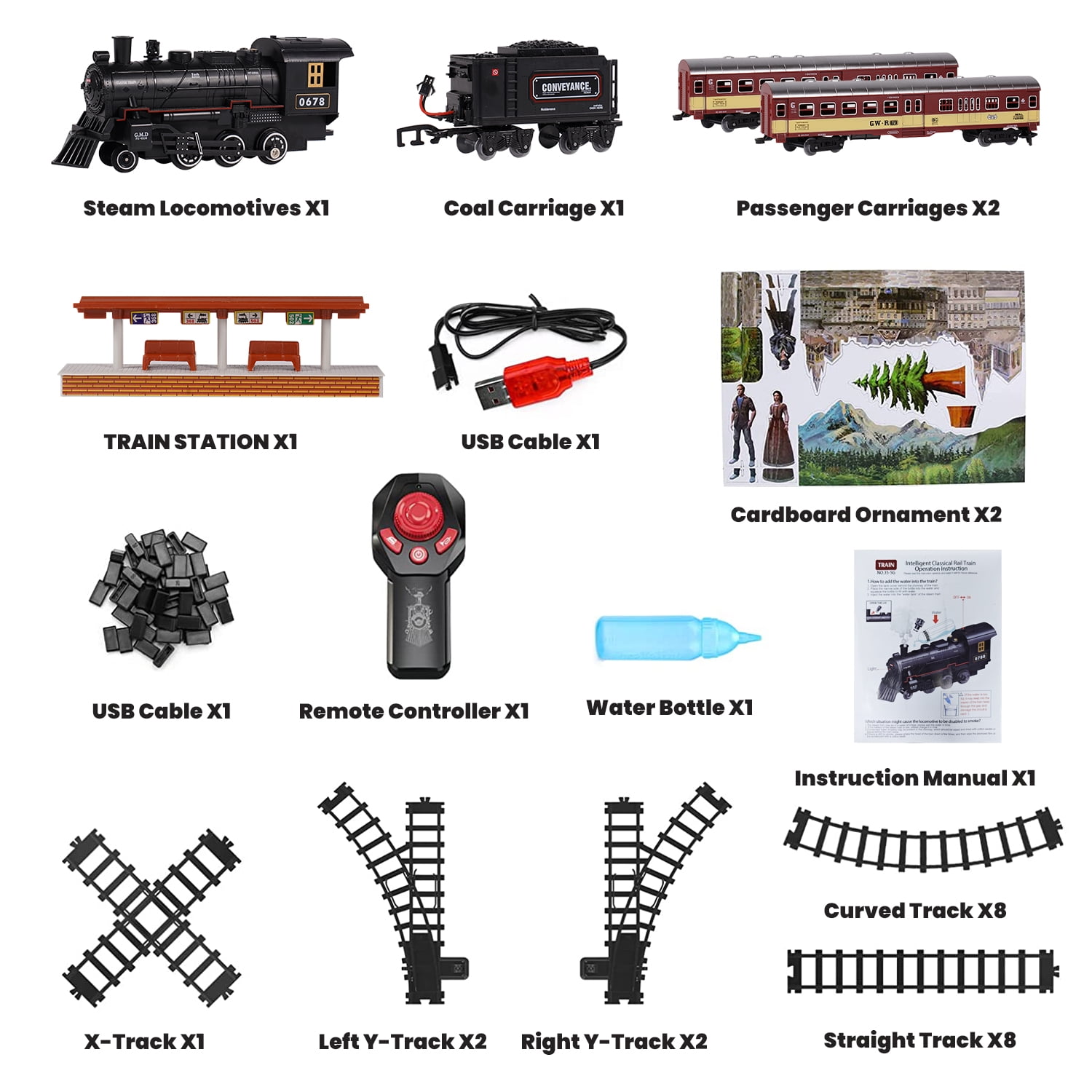 AUOSHI Electric Train Set with Remote Control, Steam Locomotive Engine with Lights, Sounds, and Smoke (71 in x 31 in) icsl7