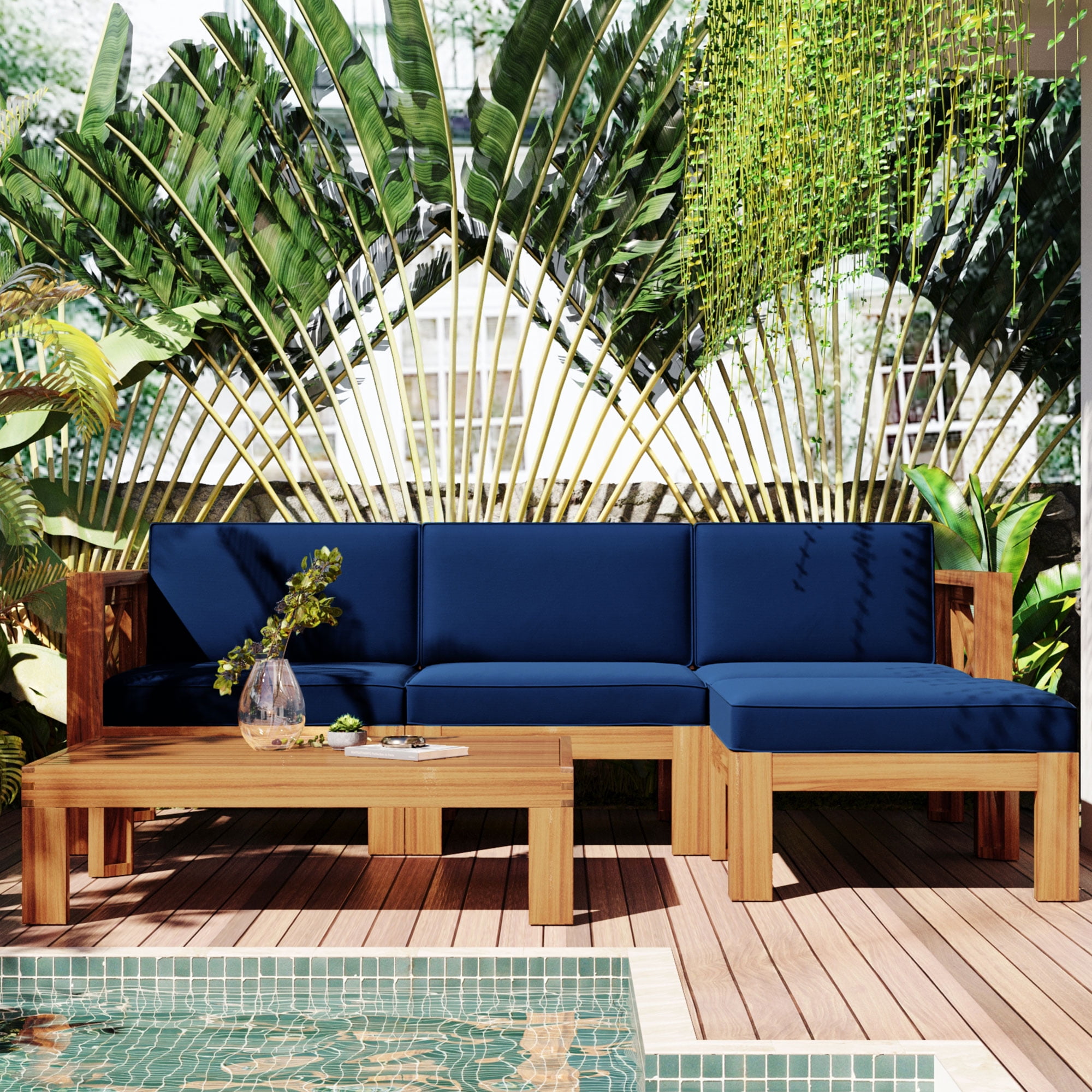 Euroco Outdoor Patio Wood 5-Piece Sectional Sofa Seating Group with Water-Resistant Cushions (Natural Finish, Blue, 5-Piece Set) ym4qv