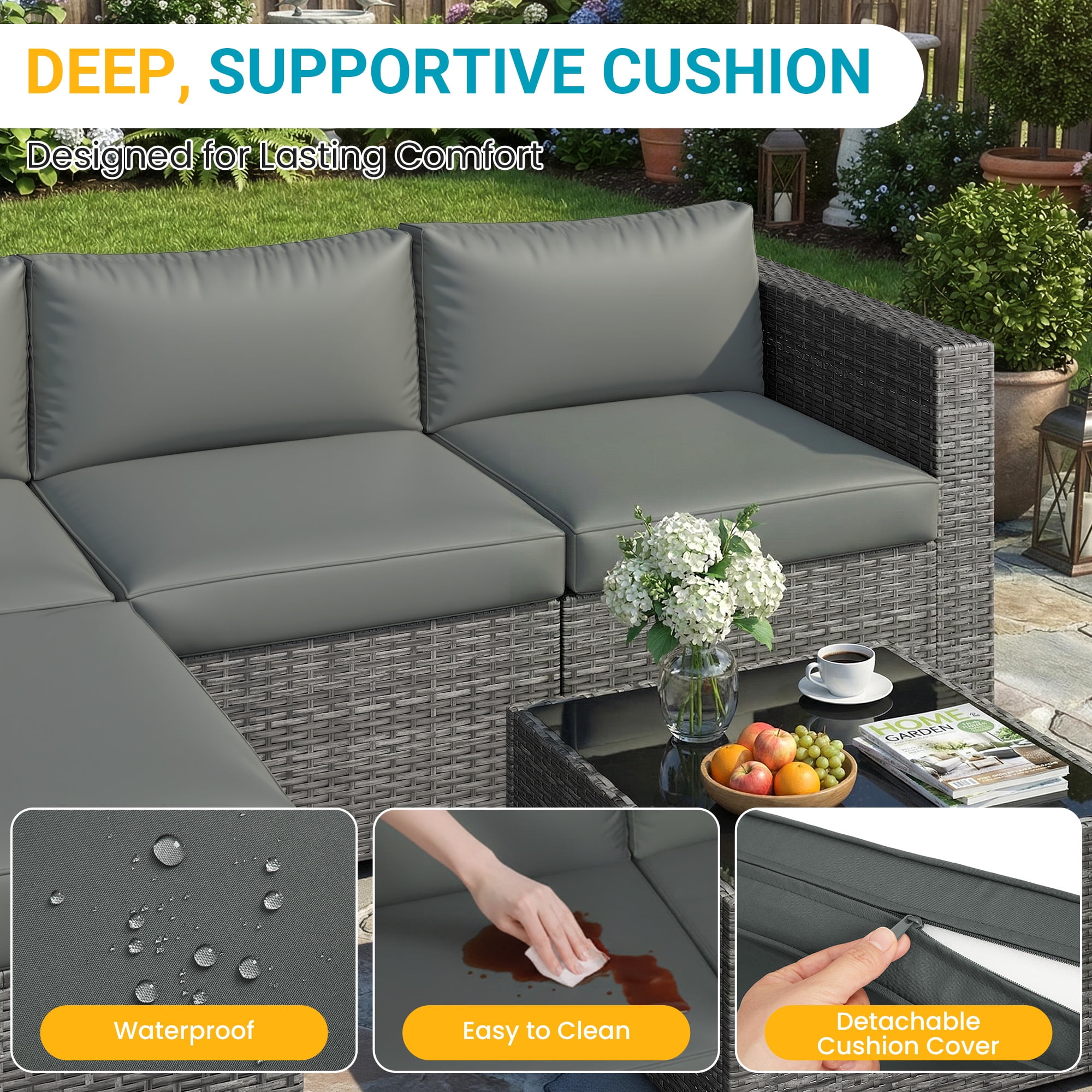 Cozy Home 5-Piece Patio Rattan Furniture Set, Outdoor Sectional Sofa with Ottoman and Coffee Table (Grey, 5-Piece Set) bnnyk