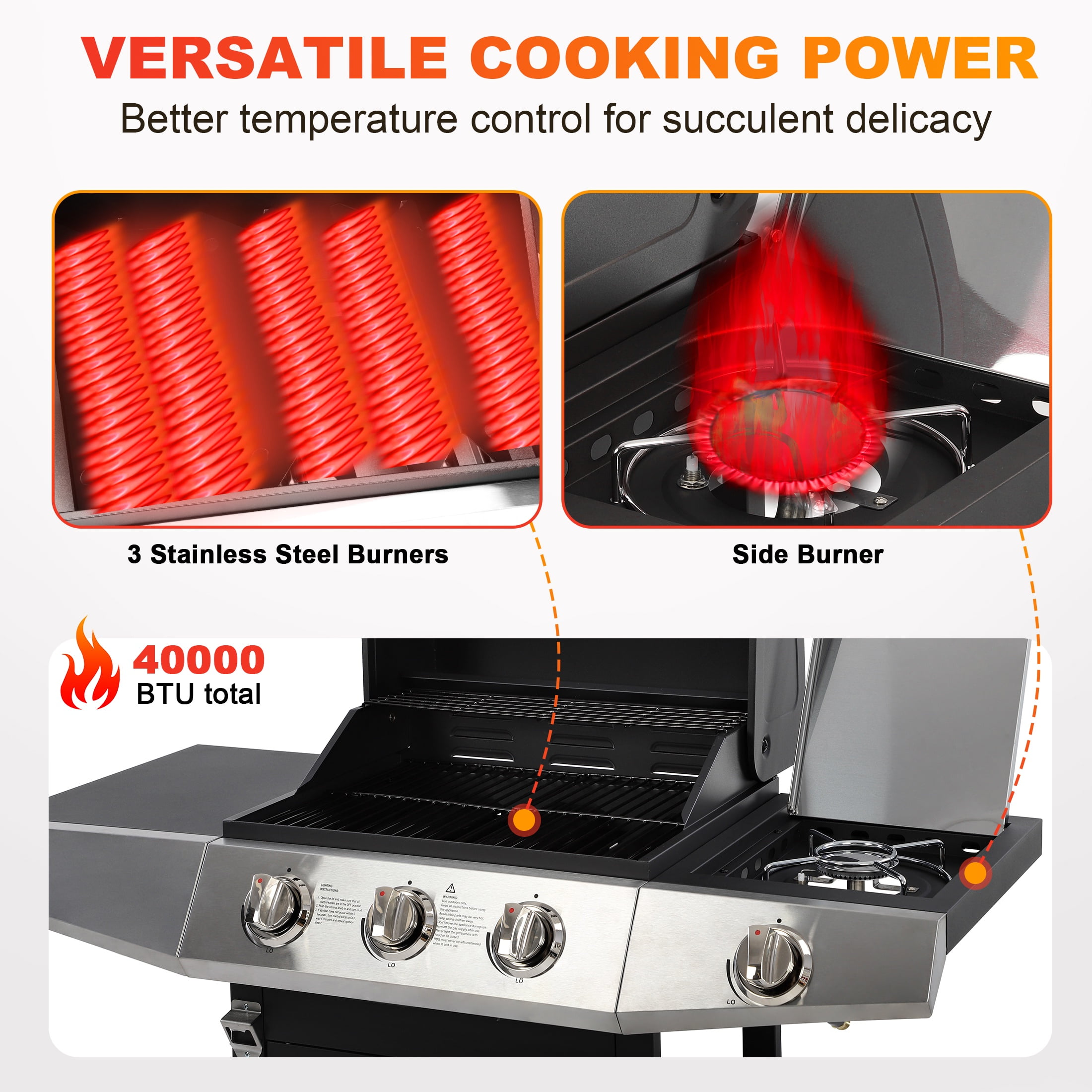Segmart 3-Burner Propane Gas Grill with Side Burner and Thermometer (40000 BTU, 338 sq. in. Cooking Area) 54wni