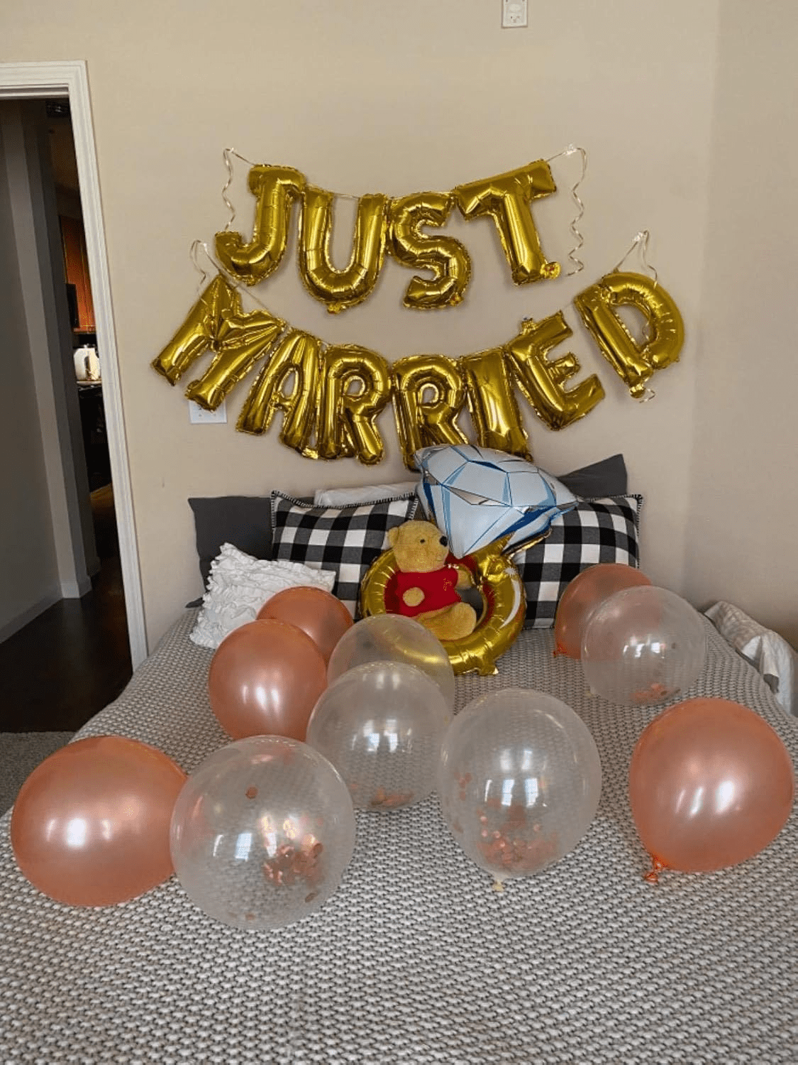 LaVenty Just Married Balloon Banner Set for Bridal Shower and Wedding Party Decorations (Pink, 12 Piece Set) dvrq5