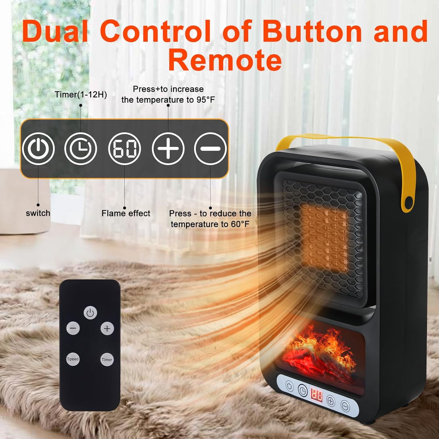 Facvoer Portable Electric Space Heater, Desktop Fireplace with 3D LED Flame and Thermostat (Black, 800W) 6b34z