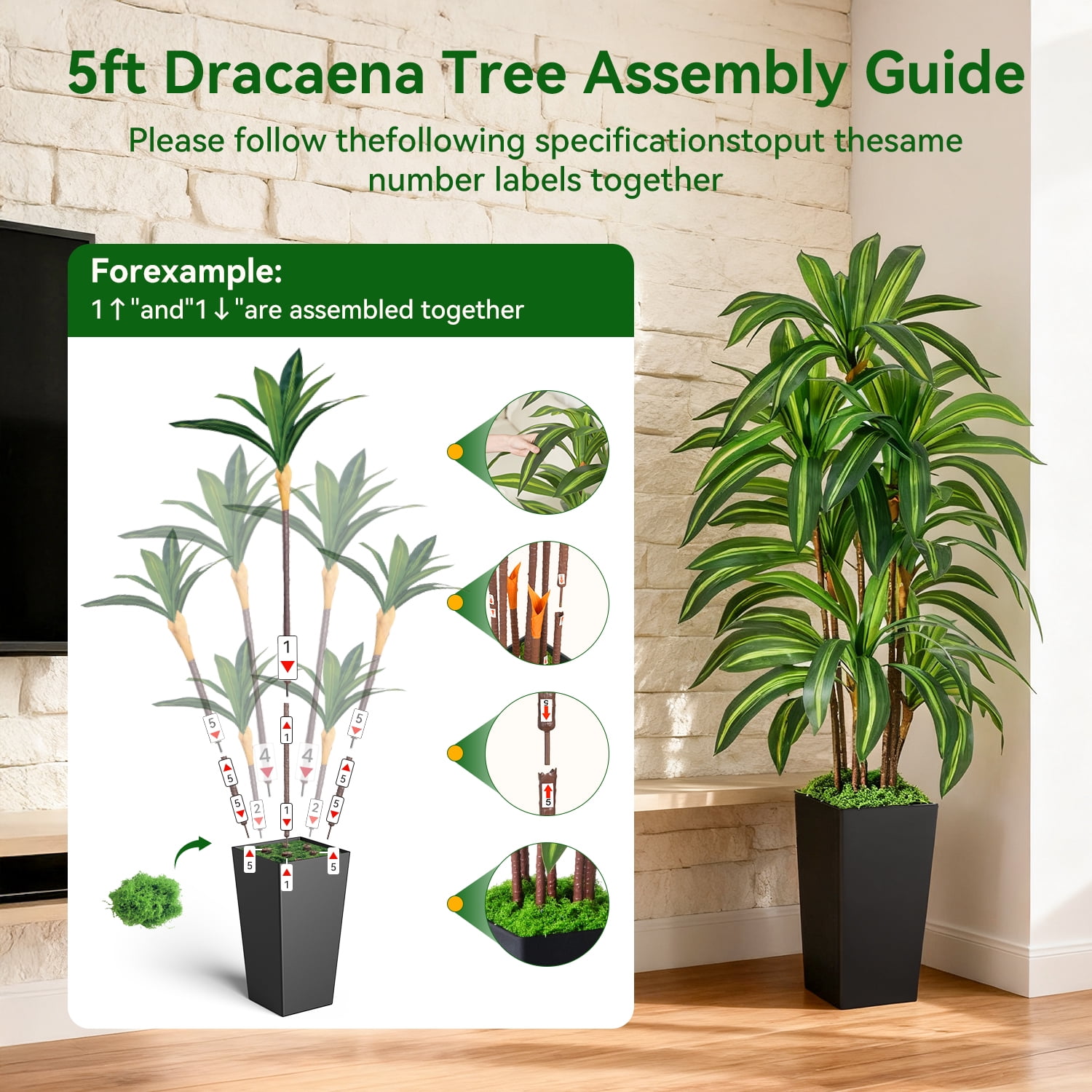 NOVAROOT Artificial Dracaena Tree, Faux Tropical Floor Plant with Black Planter (5 ft) 4hxx9
