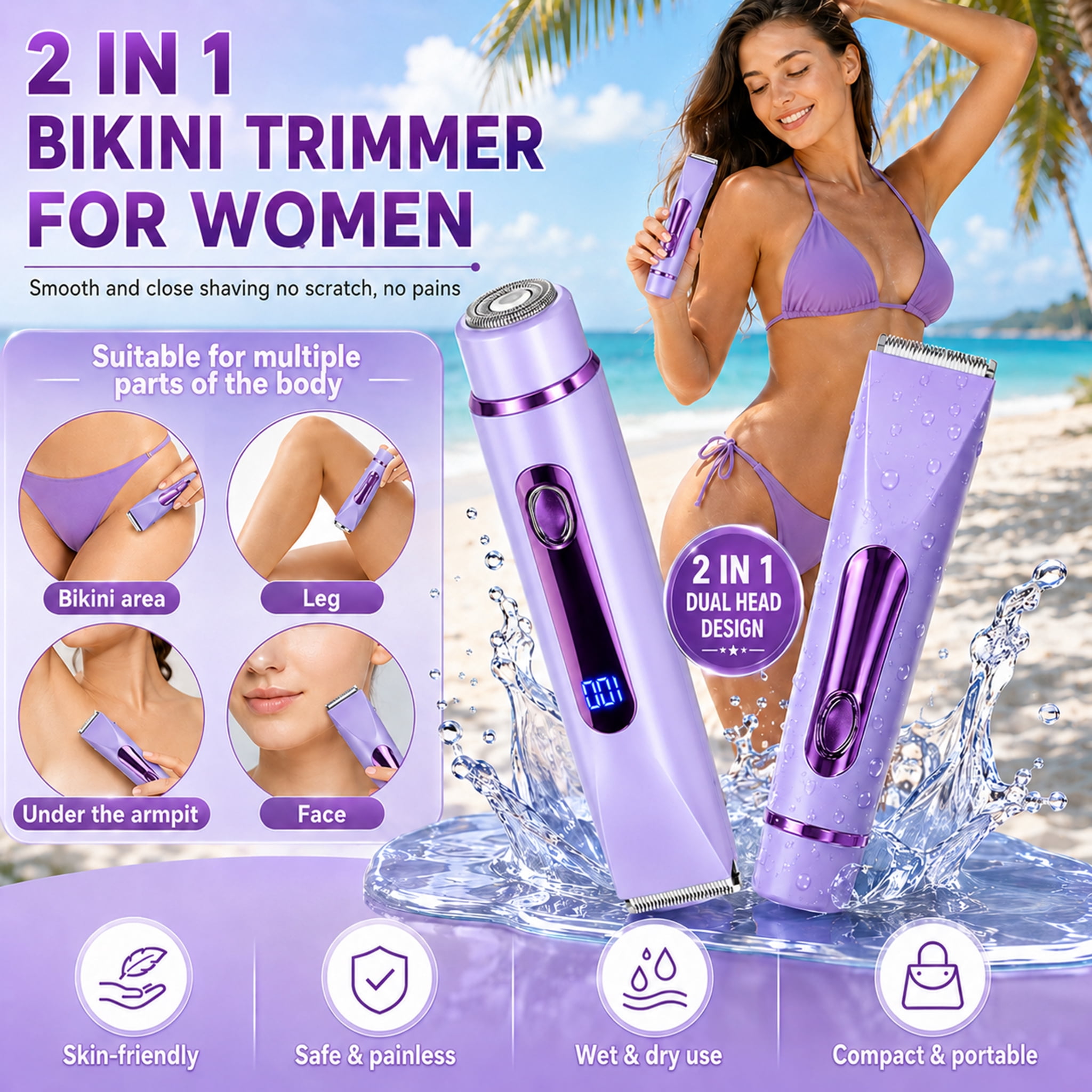 JUUTREN 2-in-1 Electric Bikini Trimmer for Women, Rechargeable Waterproof Shaver for Face and Body (1 Count) 4houk
