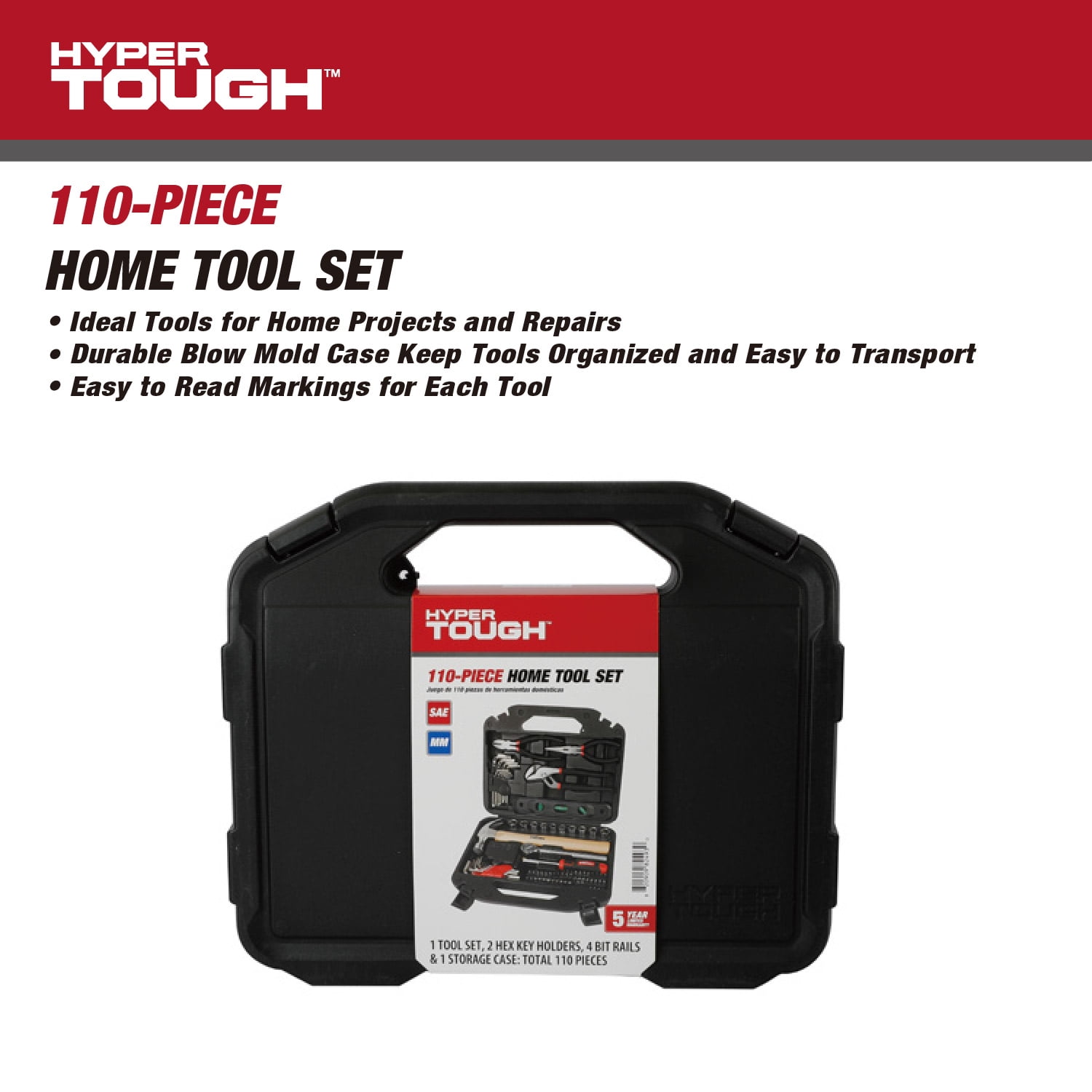 Hyper Tough 110-Piece Home Project Tool Set, Heavy-Duty DIY Repair Kit with Storage Case (Red, 110-Piece) 4lg5q