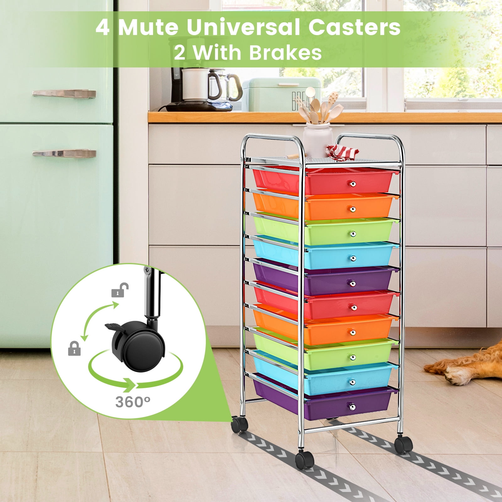 Costway Rolling Storage Cart with 10 Drawers, Mobile Organizer for Office and School (Multicolor, 38 in x 15 in x 13 in) 2wfoq