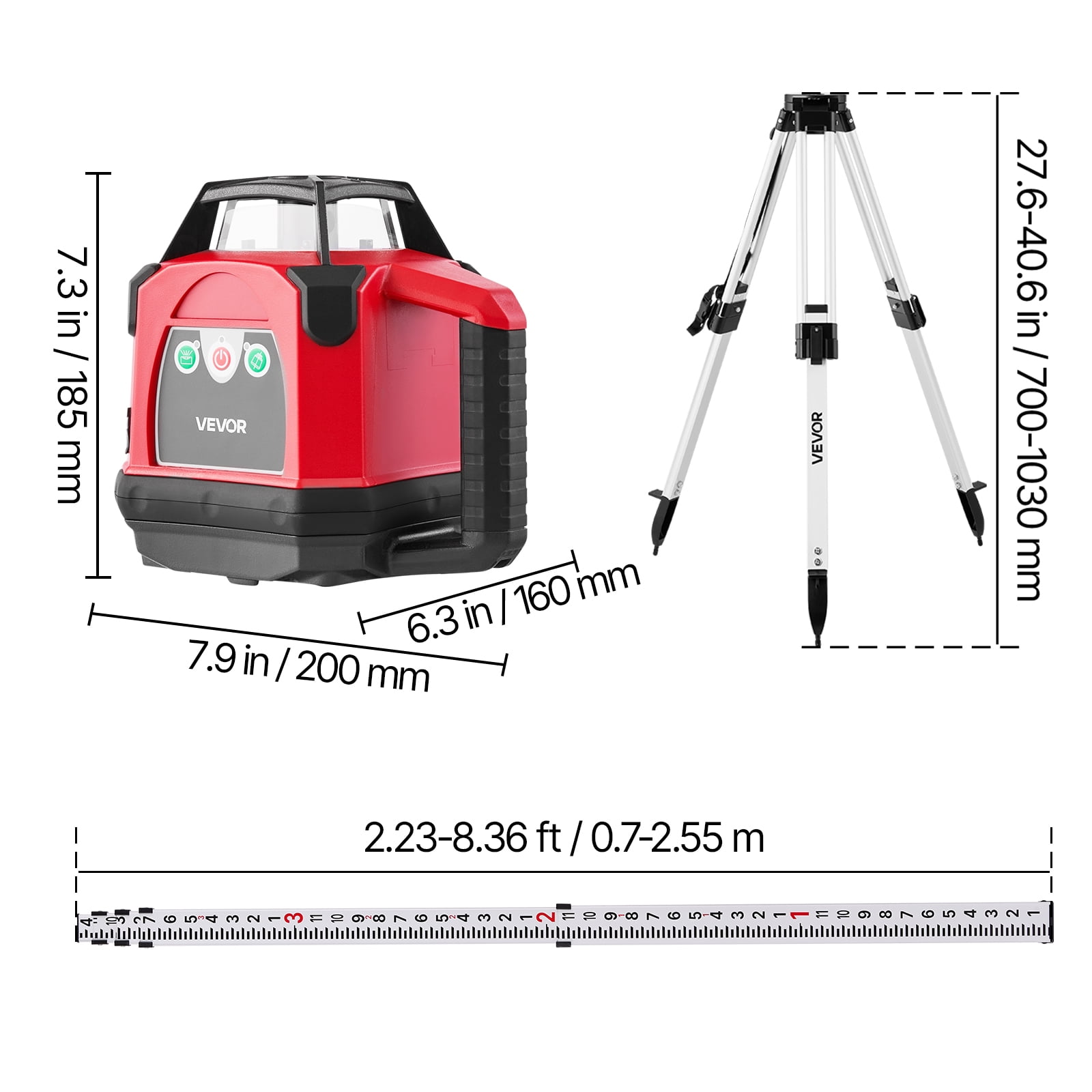 VEVOR Rotary Laser Level Kit, 360-Degree Self-Leveling Red Laser Transit with Tripod and Receiver (2650 ft Range) 9ftcg