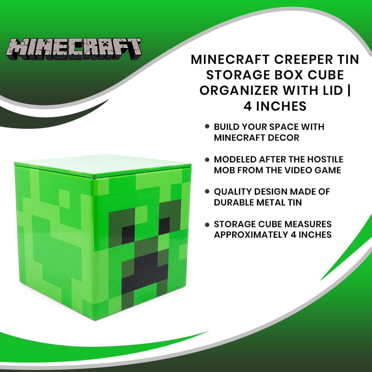 Minecraft Creeper Metal Storage Box Organizer with Lid (Green, 4 in) m1eo7 - Image 7